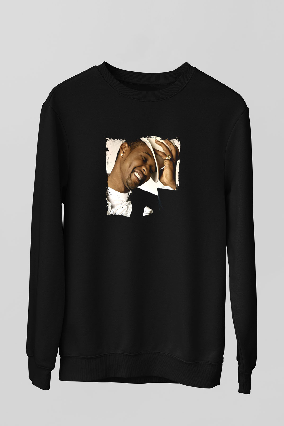 Usher  Baskılı Unisex Siyah Sweatshirt