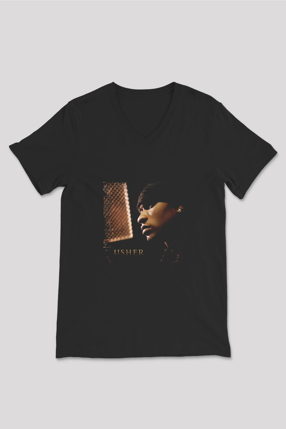Usher  Baskılı Unisex Siyah V Yaka Tişört