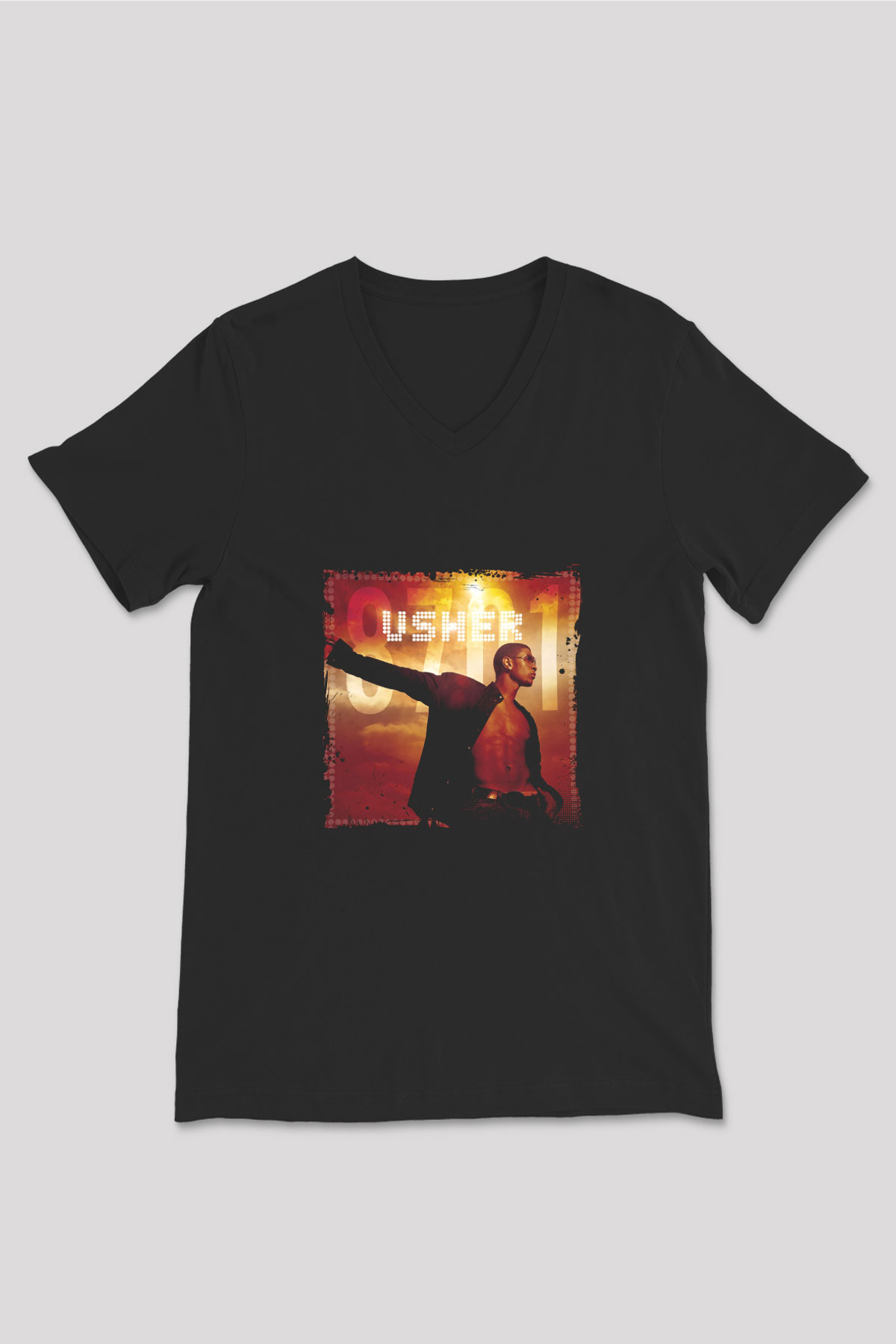 Usher  Baskılı Unisex Siyah V Yaka Tişört