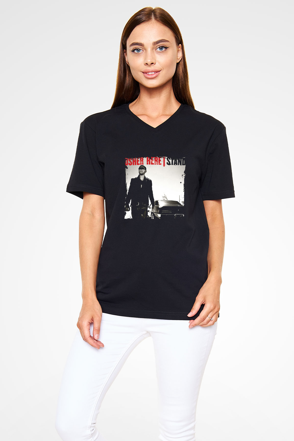 Usher  Baskılı Unisex Siyah V Yaka Tişört