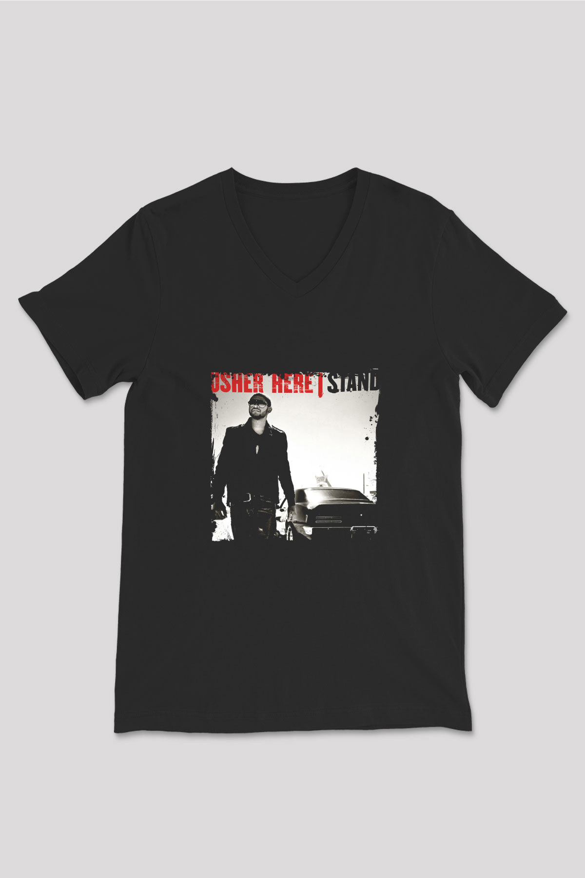 Usher  Baskılı Unisex Siyah V Yaka Tişört