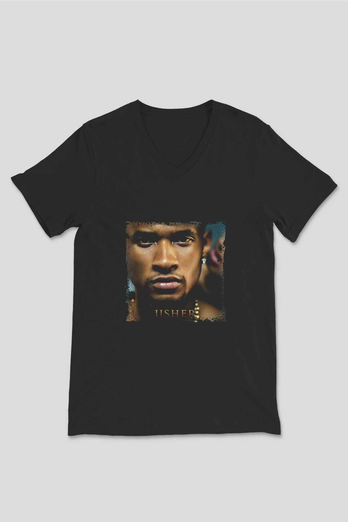 Usher  Baskılı Unisex Siyah V Yaka Tişört
