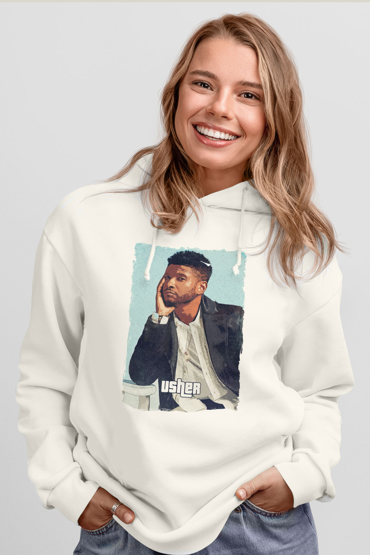 Usher Beyaz Unisex Kapüşonlu Sweatshirt
