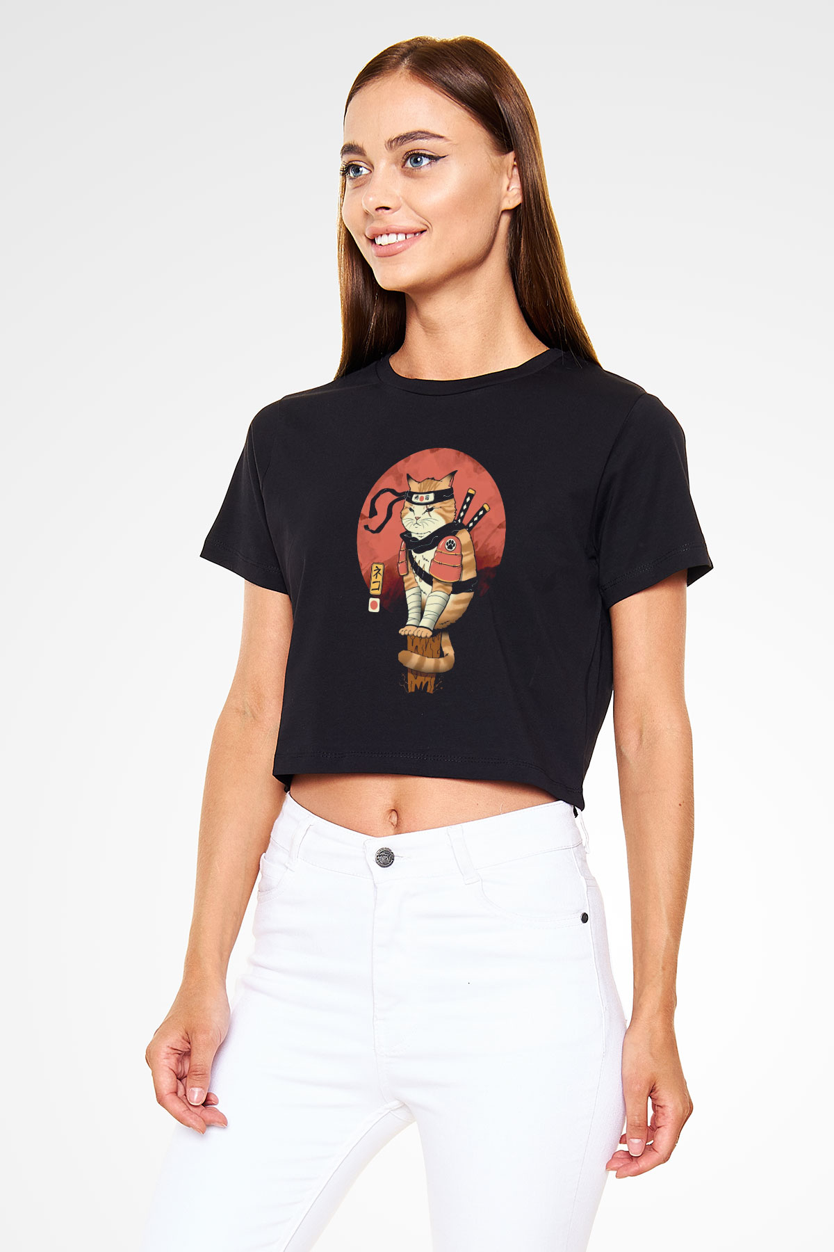Uzakdoğu Samuray Kedi Baskılı  Siyah  Crop Top Tişört