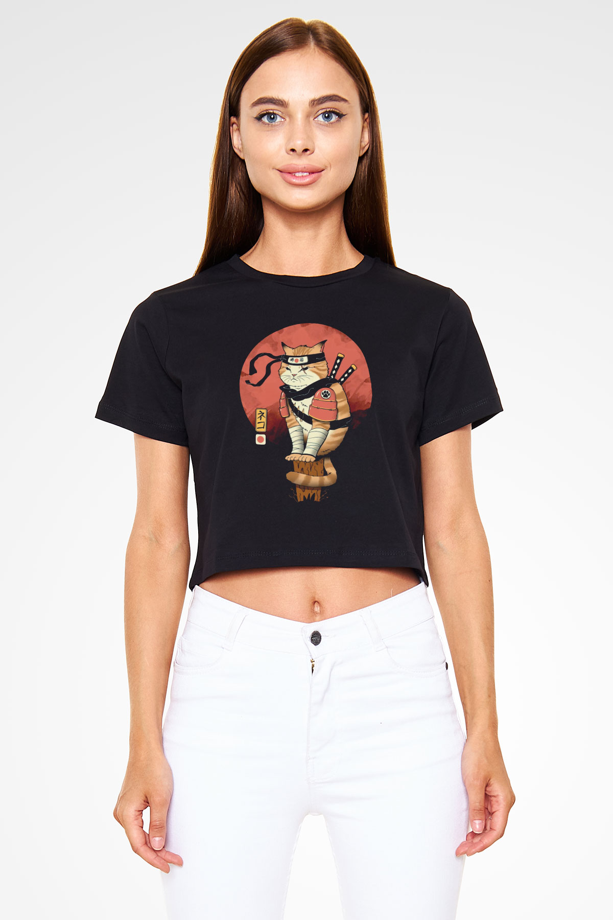 Uzakdoğu Samuray Kedi Baskılı  Siyah  Crop Top Tişört