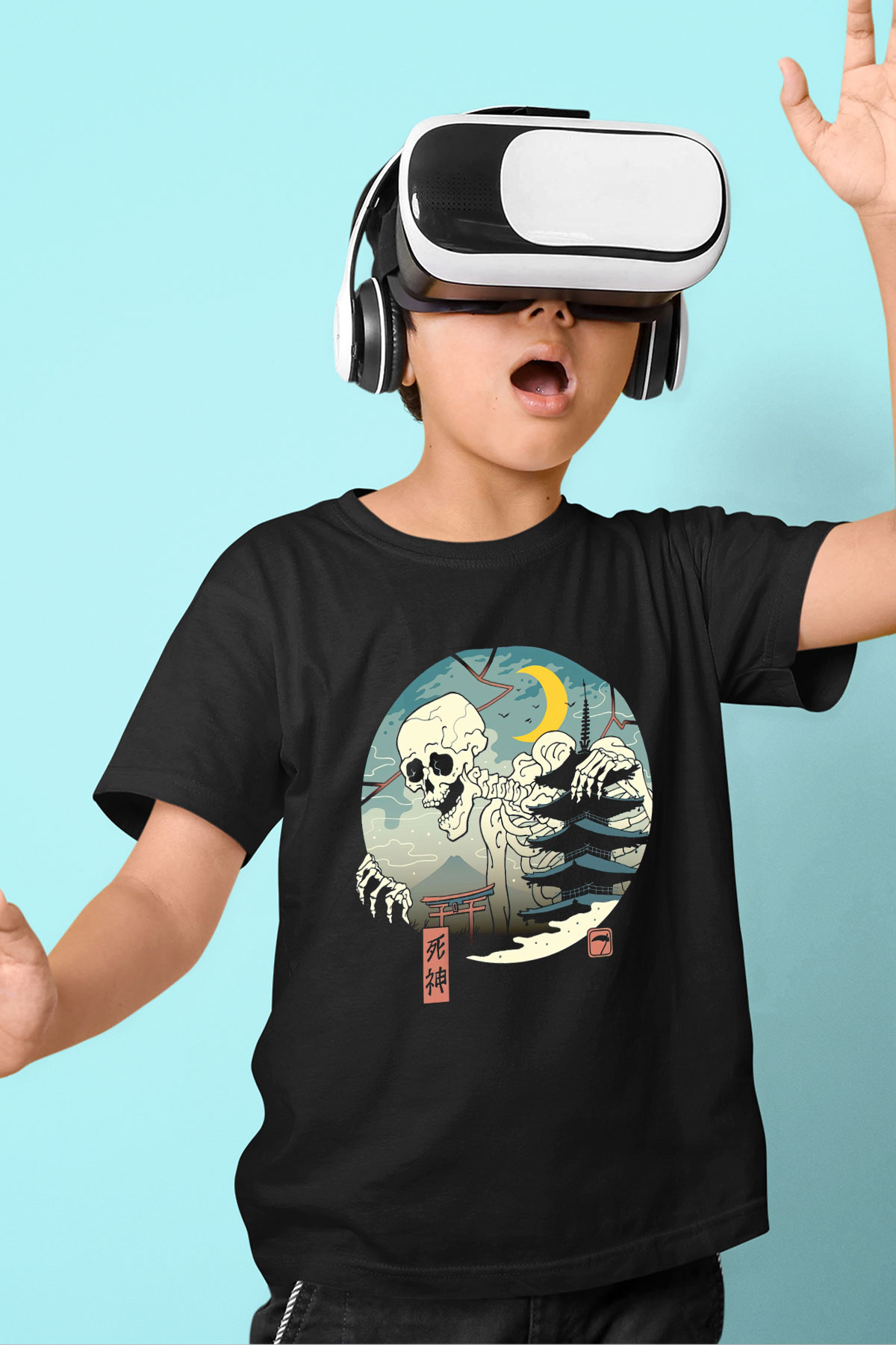 Uzakdoğulu İskelet Baskılı Siyah Unisex  Çocuk Tişört