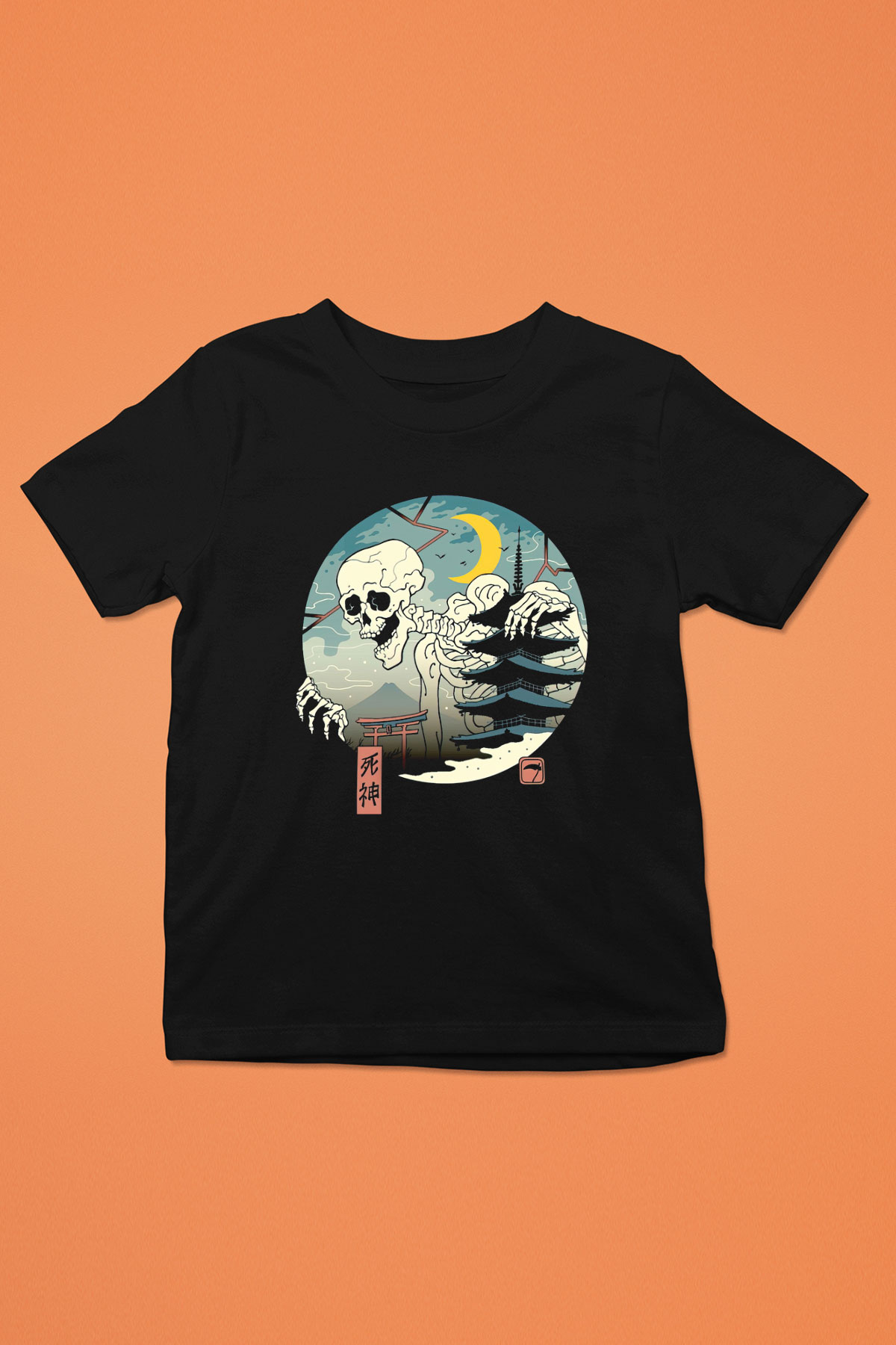 Uzakdoğulu İskelet Baskılı Siyah Unisex  Çocuk Tişört