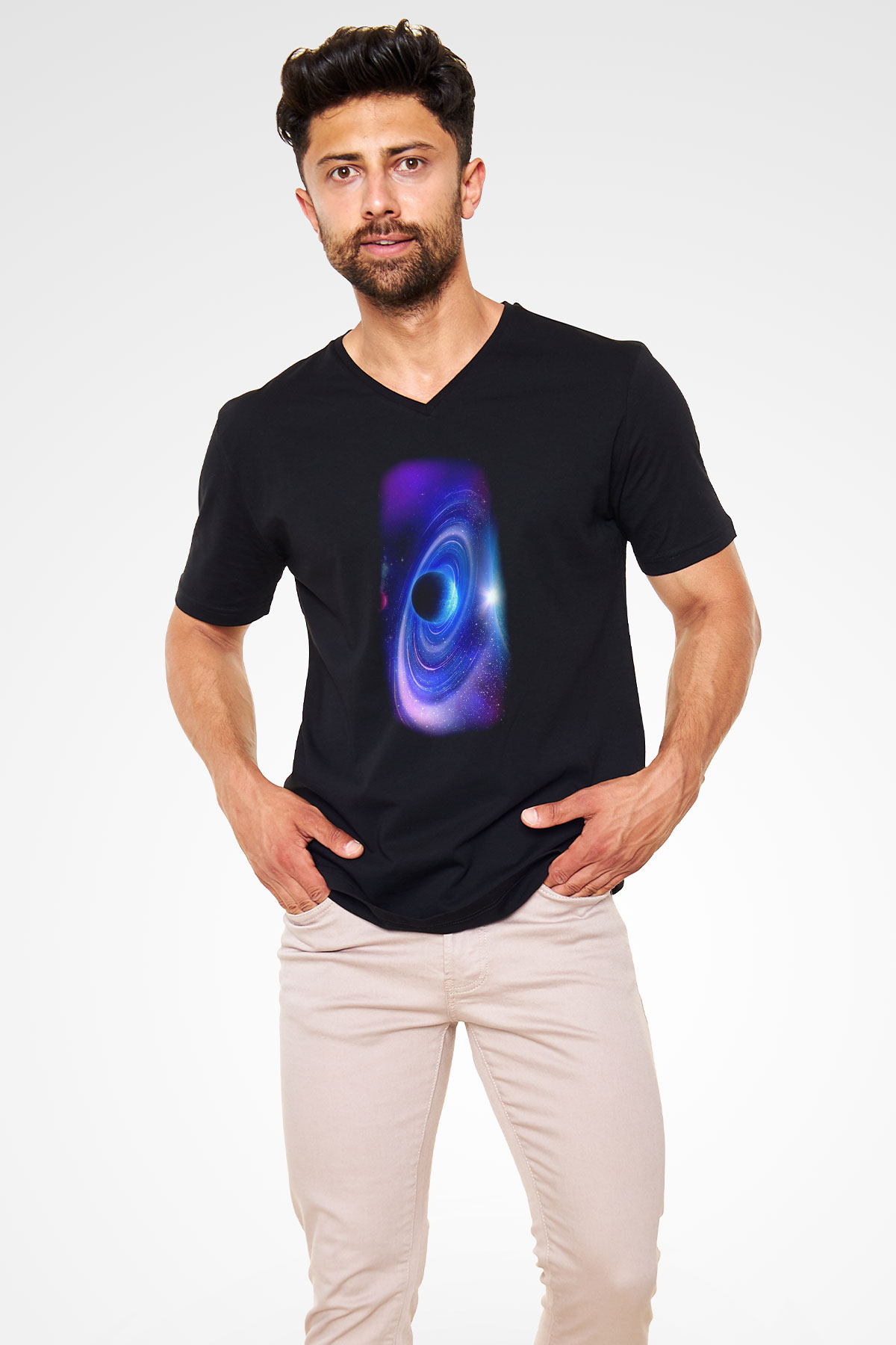 Uzay Siyah Unisex V Yaka Tişört