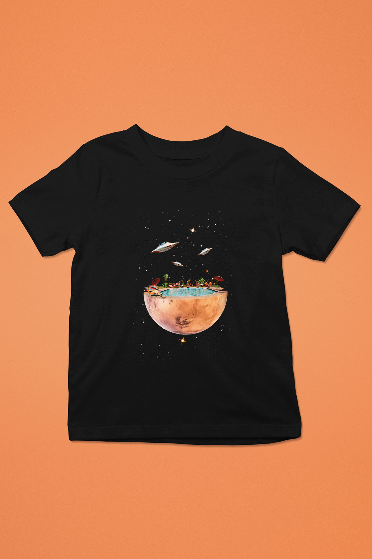 Uzayda Havuz Keyfi Baskılı Unisex Siyah  Çocuk Tişört