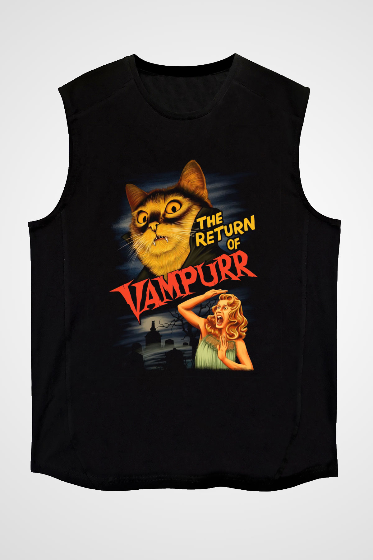 Vampir Kedi Baskılı Unisex Siyah  Kolsuz Tişört