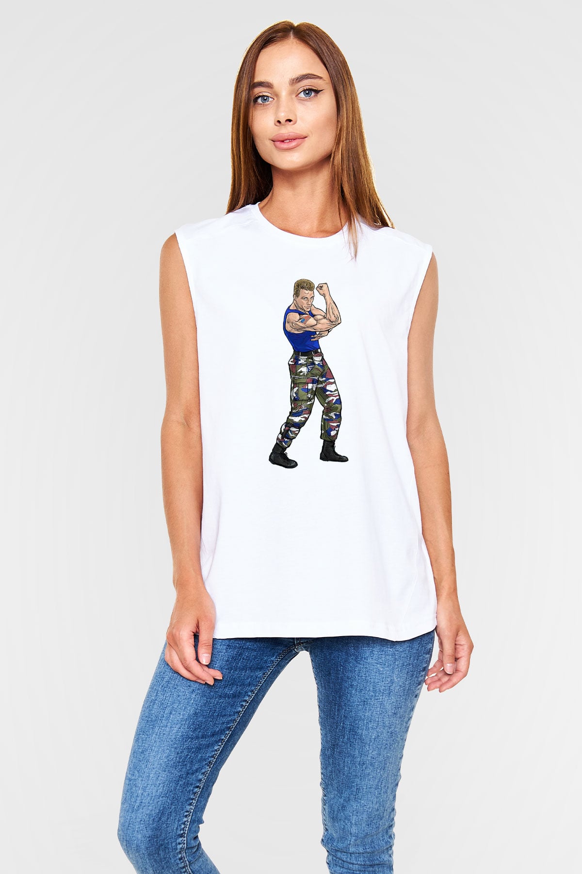 Van Damme James Baskılı Beyaz Unisex Kolsuz Tişört - Tshirt