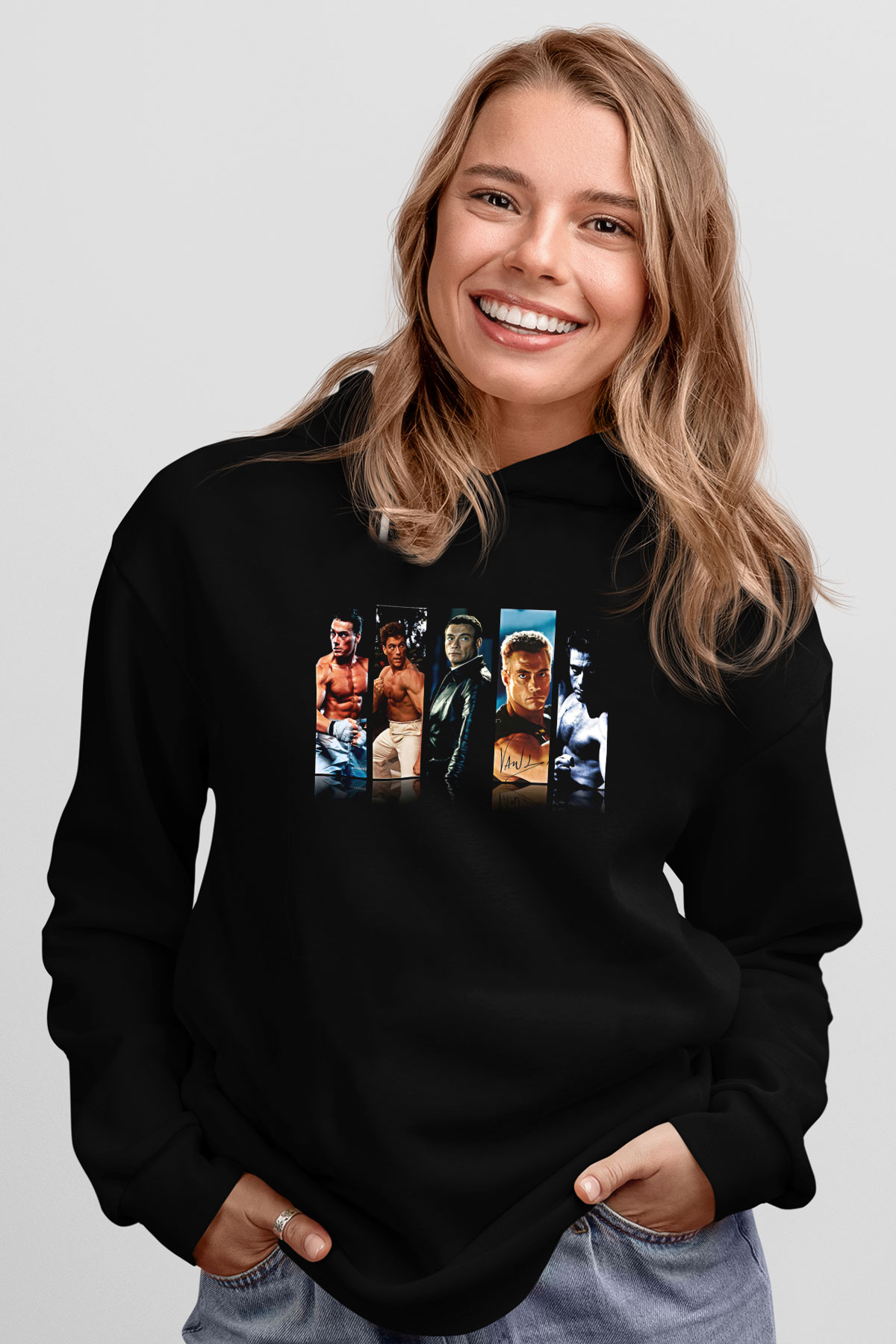 Van Damme James Baskılı Unisex Siyah Kapüşonlu Sweatshirt