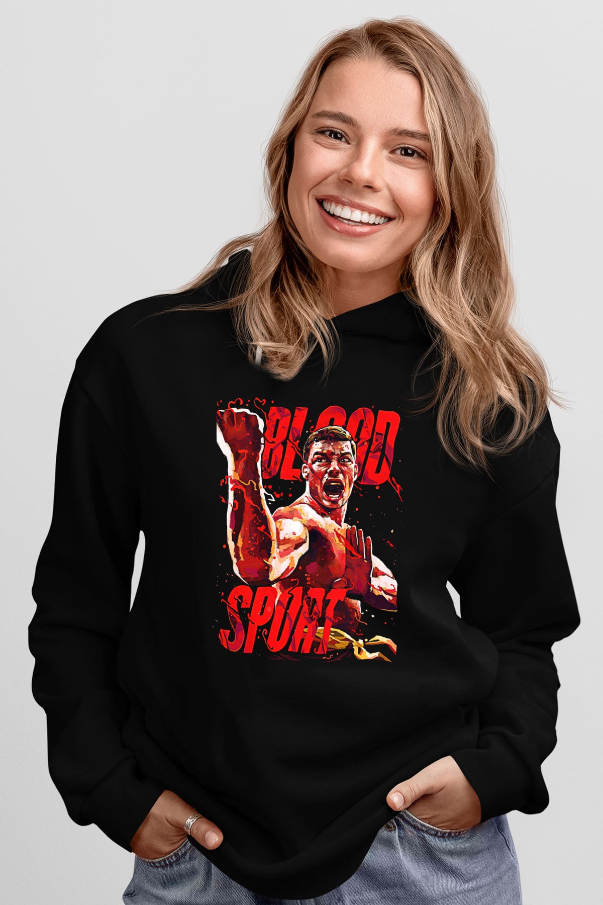 Van Damme James Baskılı Unisex Siyah Kapüşonlu Sweatshirt