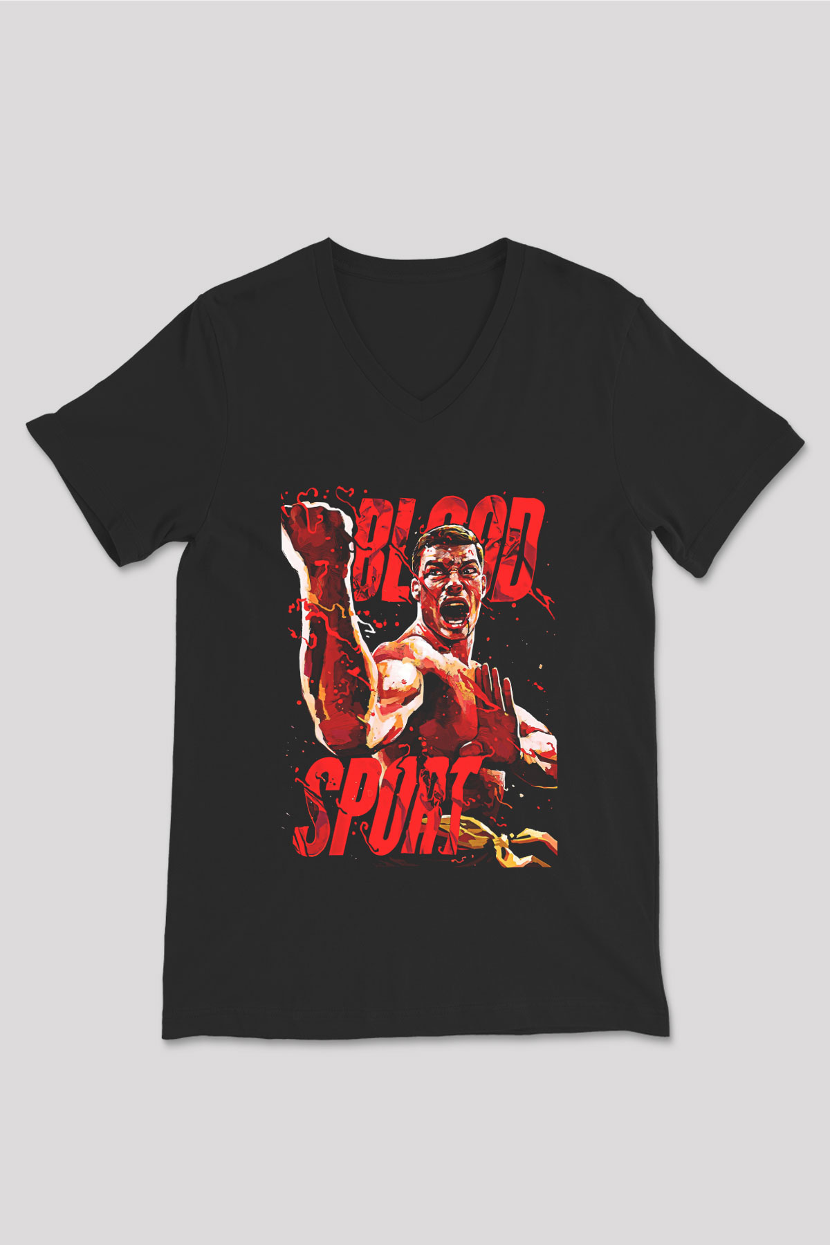 Van Damme James Baskılı Unisex Siyah V Yaka Tişört - Tshirt