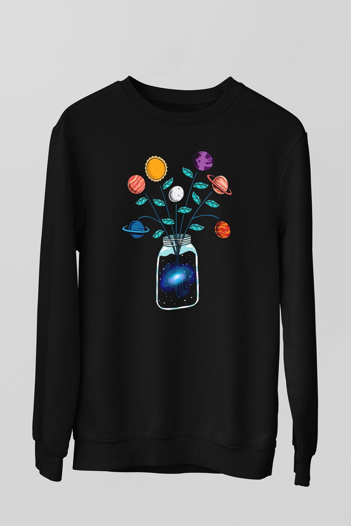 Vazodaki Gezegenler Baskılı Unisex Siyah  Sweatshirt
