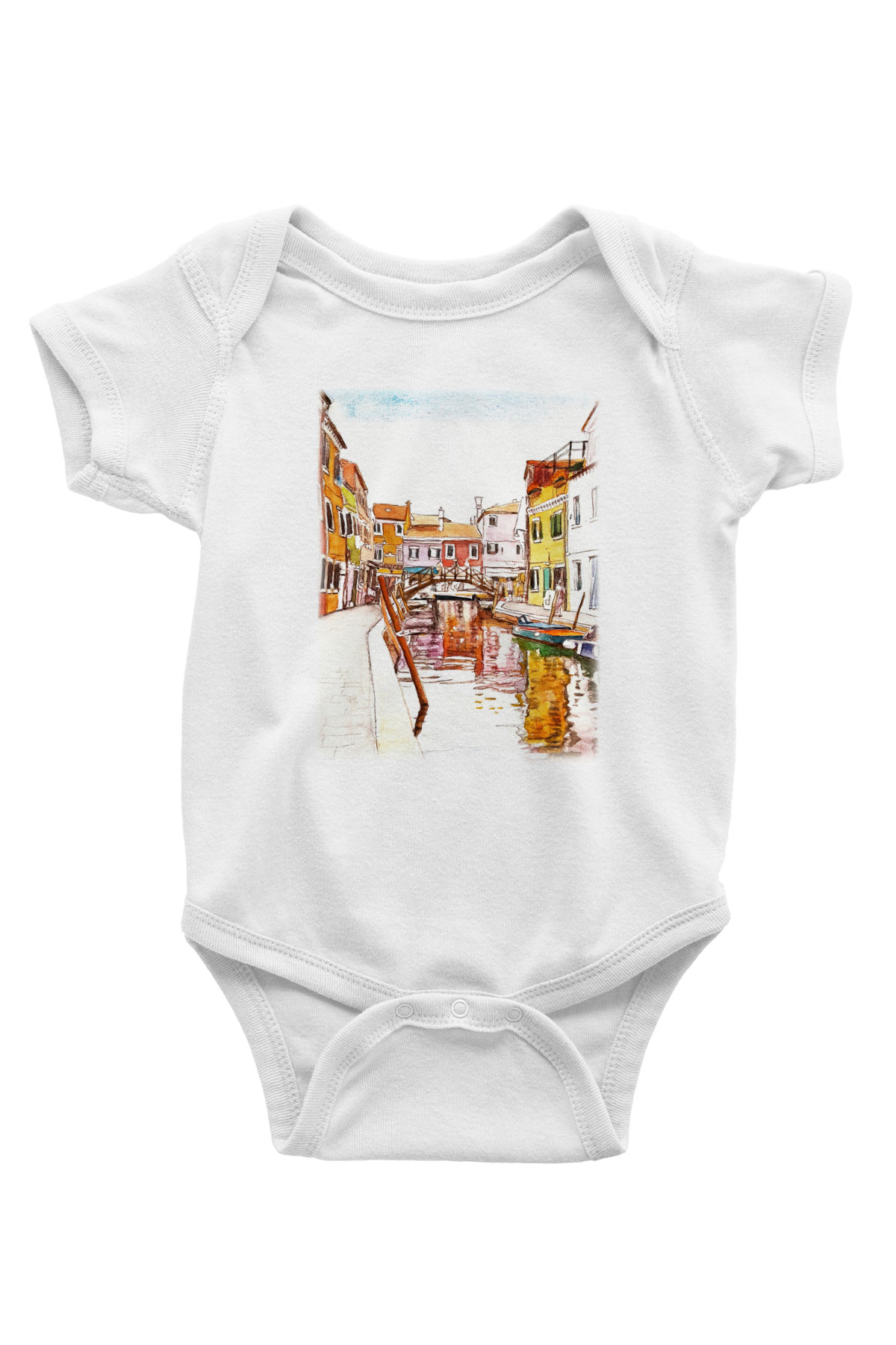 Venedik Kanal Baskılı Beyaz Unisex Bebek Body - Zıbın