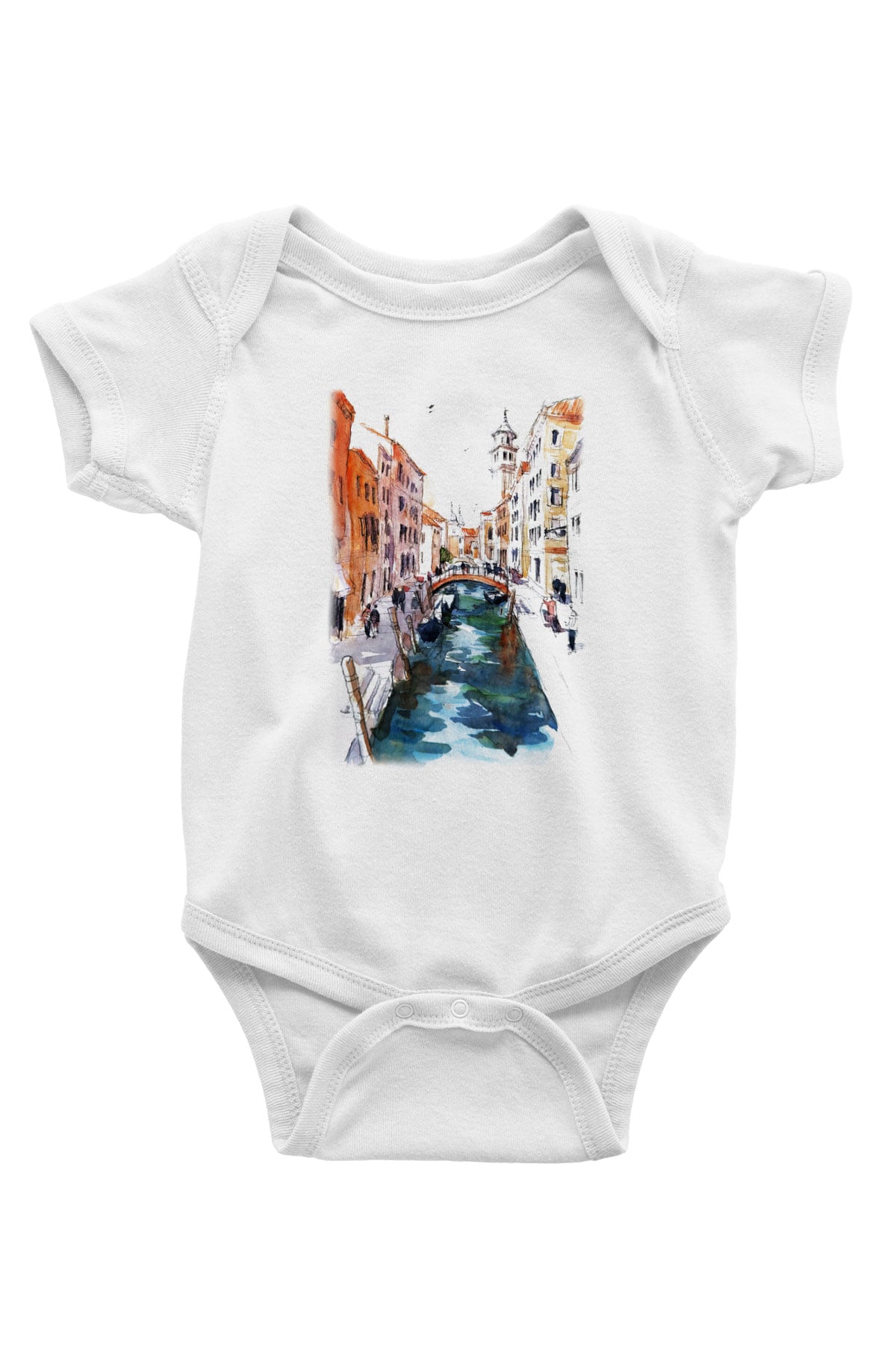 Venedik Kanal Baskılı Beyaz Unisex Bebek Body - Zıbın