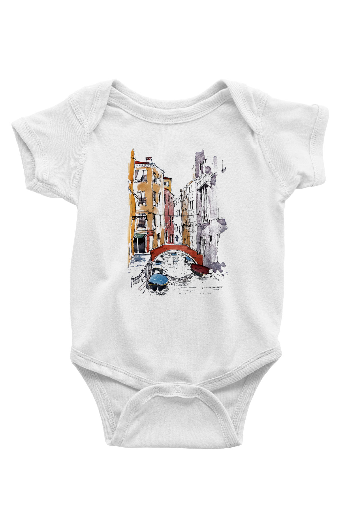 Venedik Kanal Baskılı Beyaz Unisex Bebek Body - Zıbın