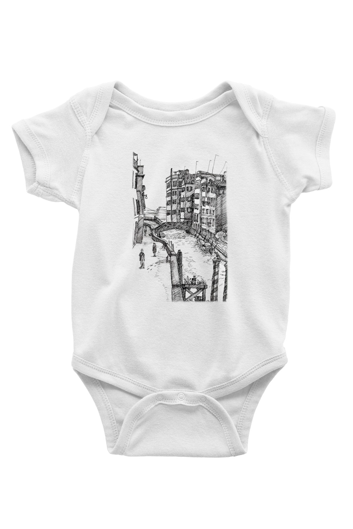 Venedik Kanal Baskılı Beyaz Unisex Bebek Body - Zıbın