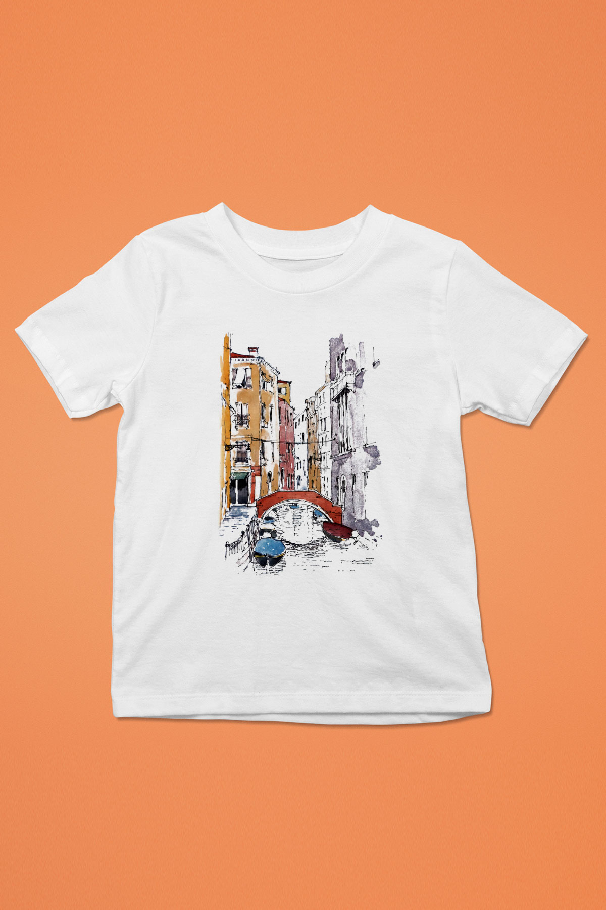 Venedik Kanal Baskılı Beyaz Unisex Çocuk Tişört