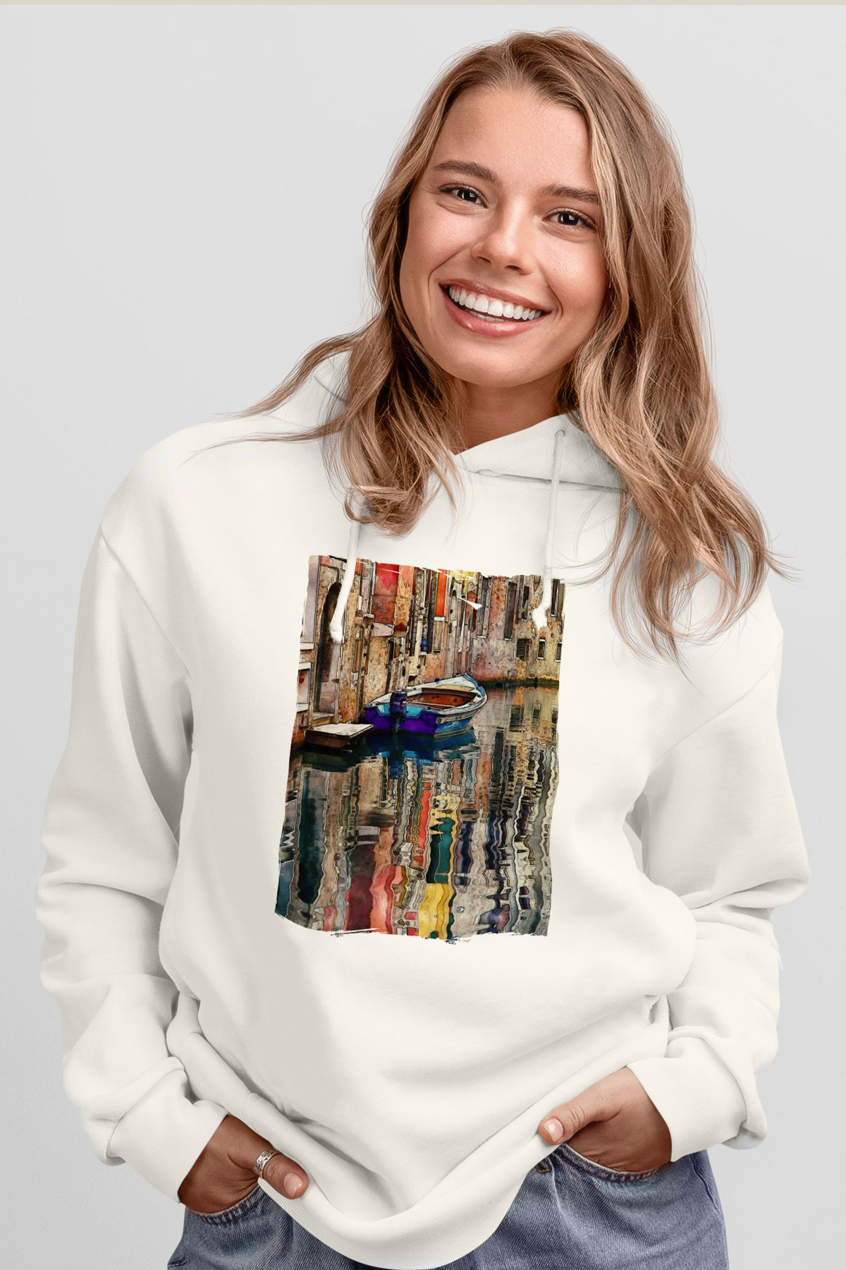 Venedik Kanal Beyaz Unisex Hoodie