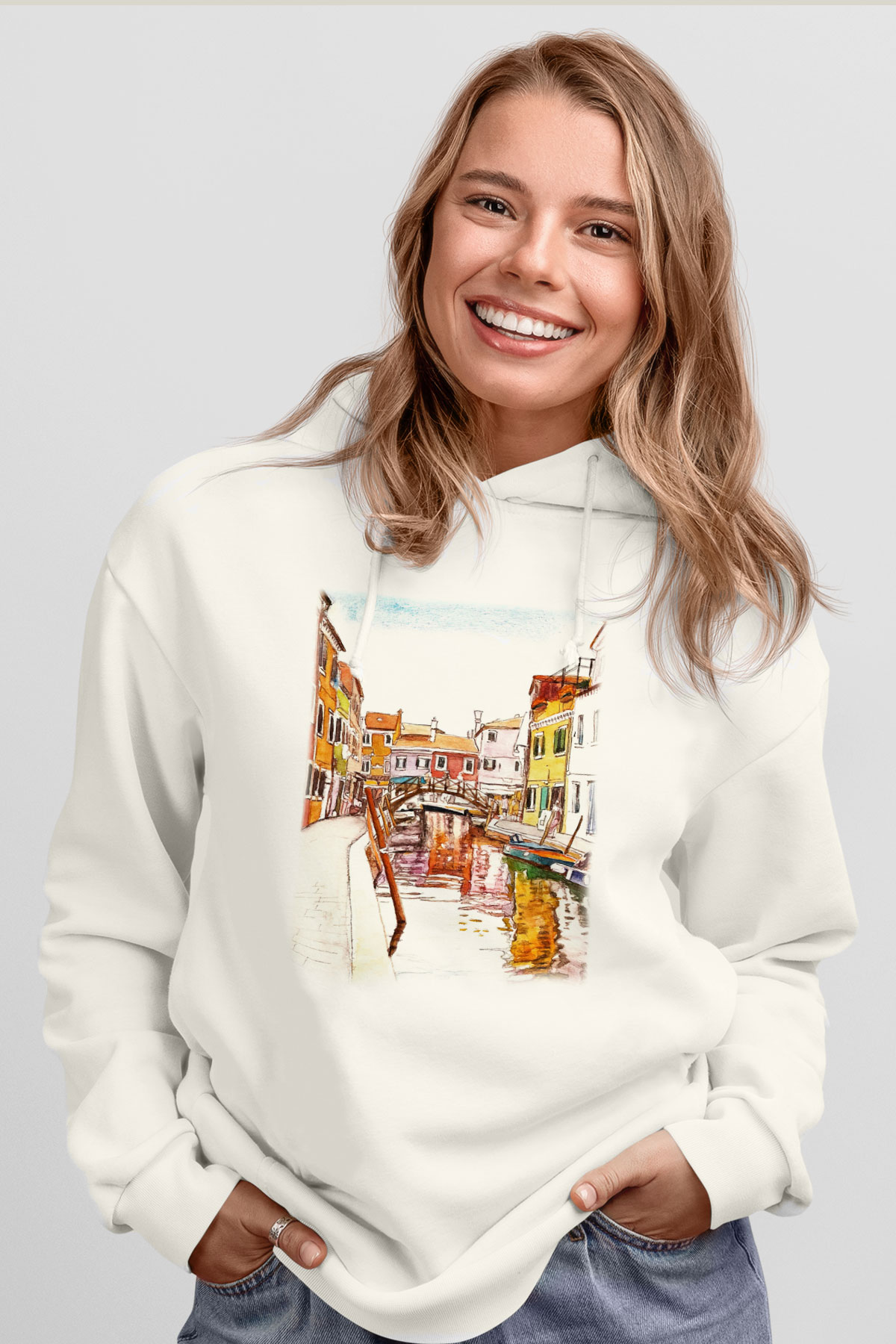 Venedik Kanal Beyaz Unisex Kapşonlu Sweatshirt