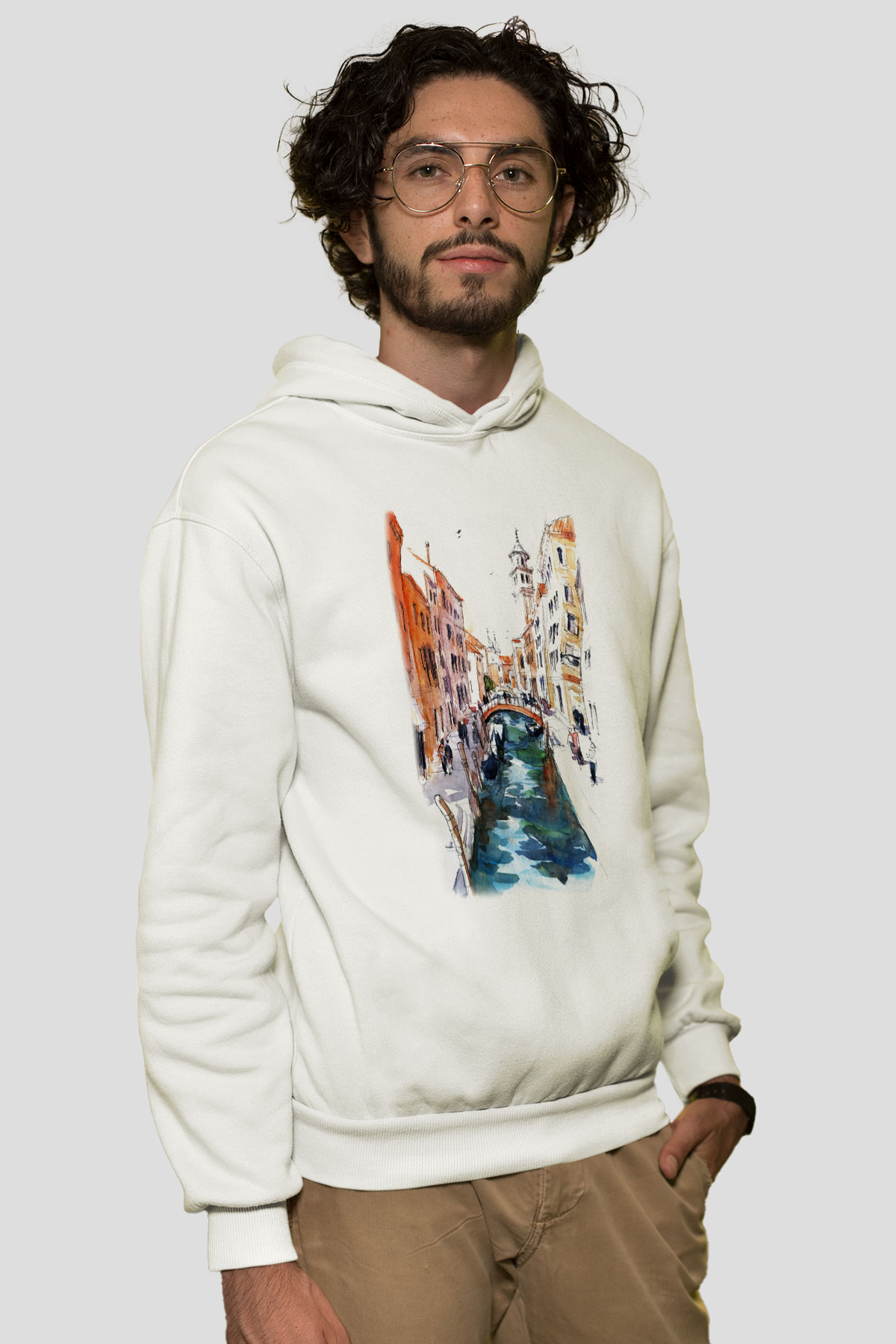 Venedik Kanal Beyaz Unisex Kapşonlu Sweatshirt