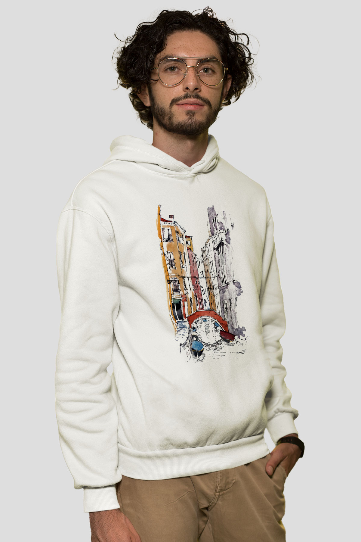 Venedik Kanal Beyaz Unisex Kapşonlu Sweatshirt