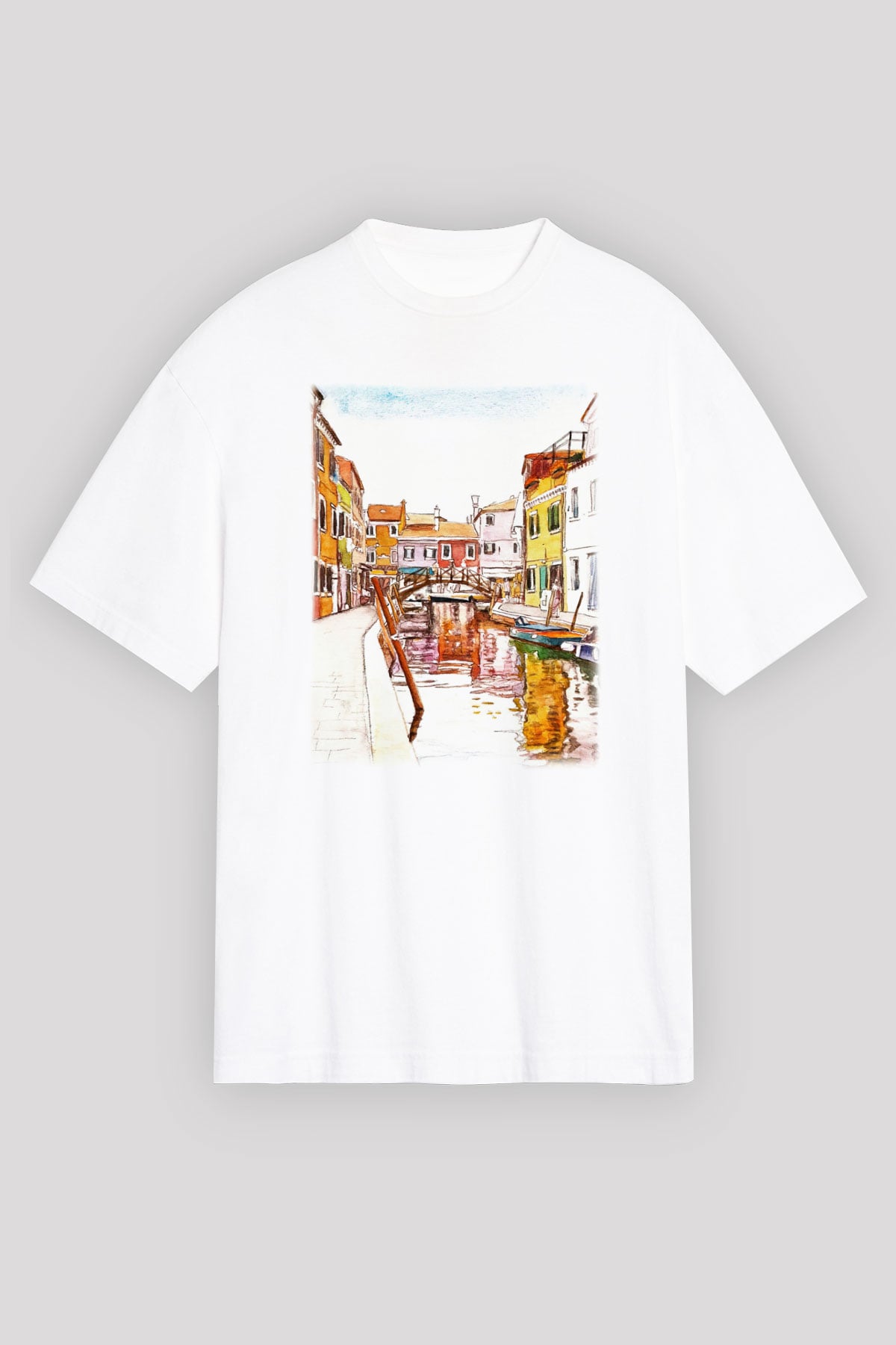 Venedik Kanal Beyaz Unisex Oversize Tişört T-Shirt