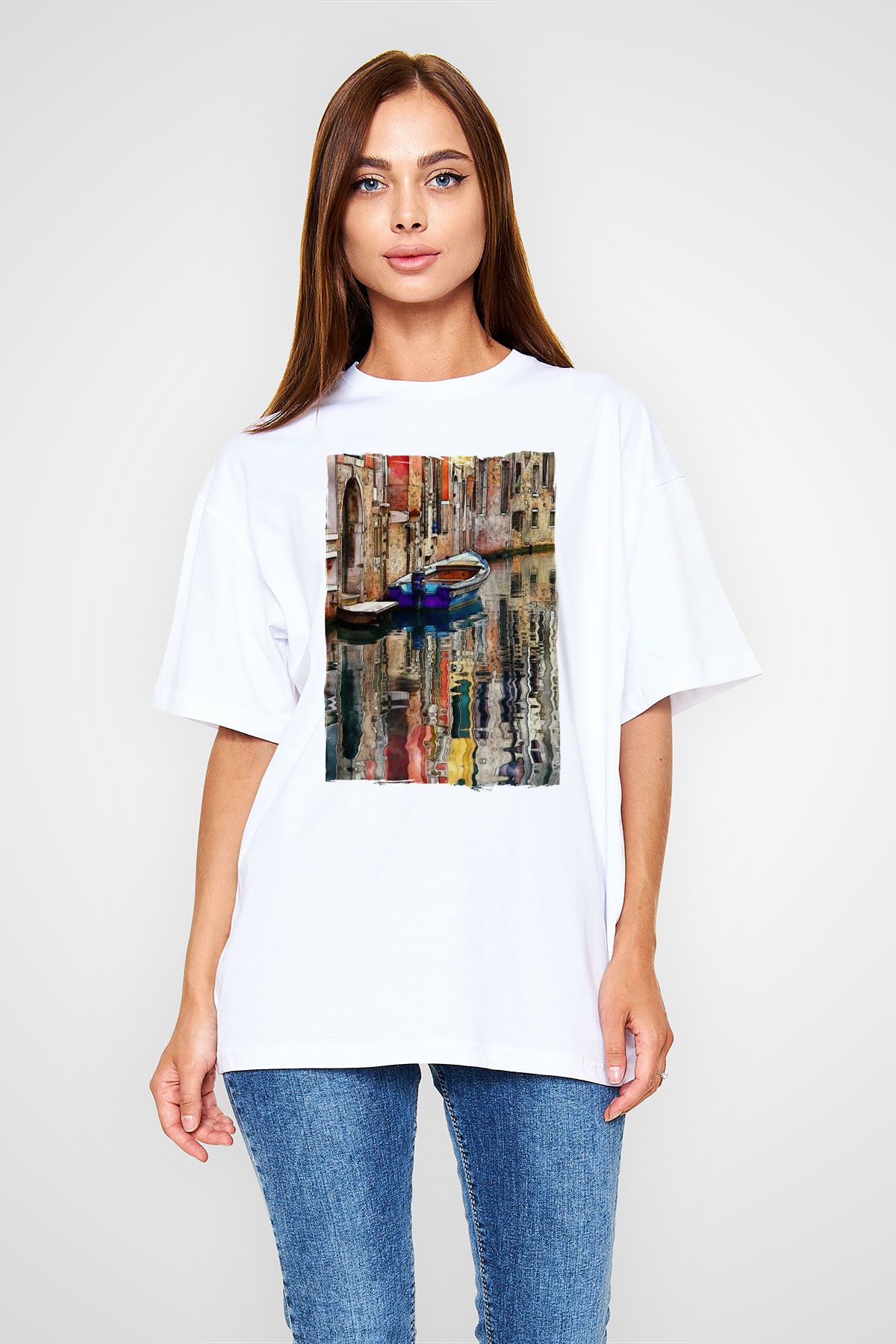 Venedik Kanal Beyaz Oversize Tişört Oversize T-shirt - TişörtFabrikası