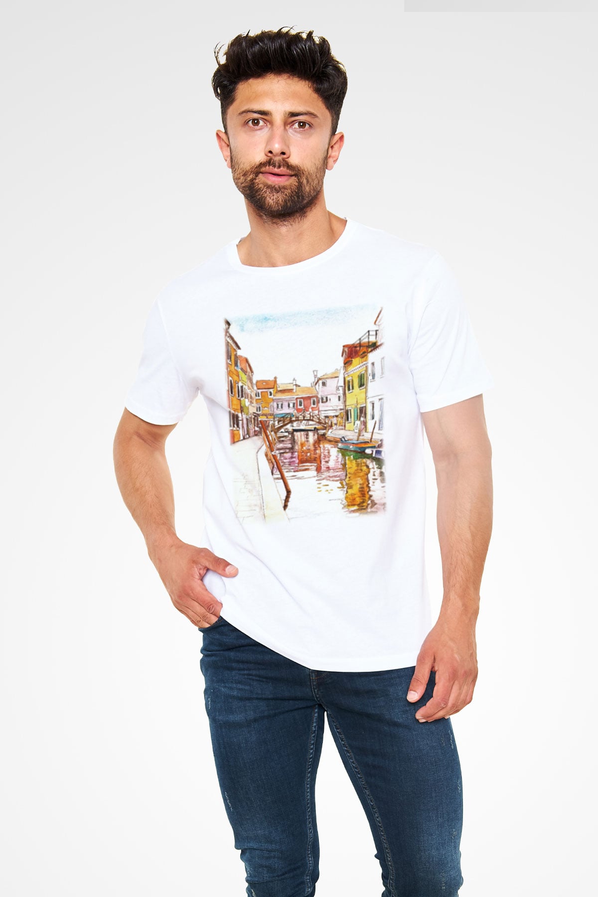 Venedik Kanal Beyaz Unisex Tişört T-Shirt - TişörtFabrikası
