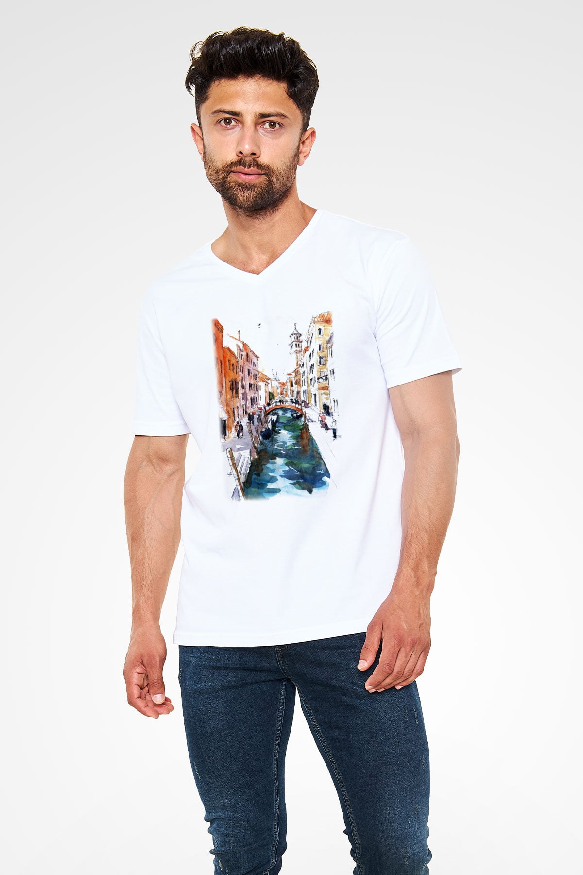 Venedik Kanal Beyaz Unisex V Yaka Tişört T-Shirt