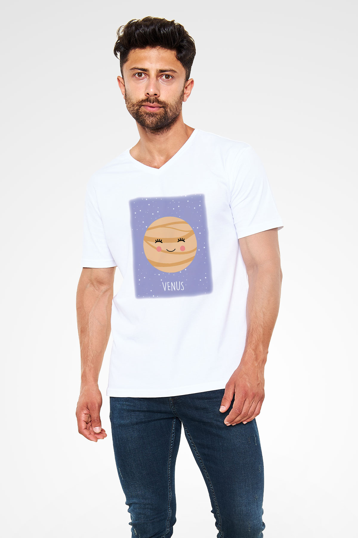 Venüs Beyaz Unisex V Yaka Tişört T-Shirt