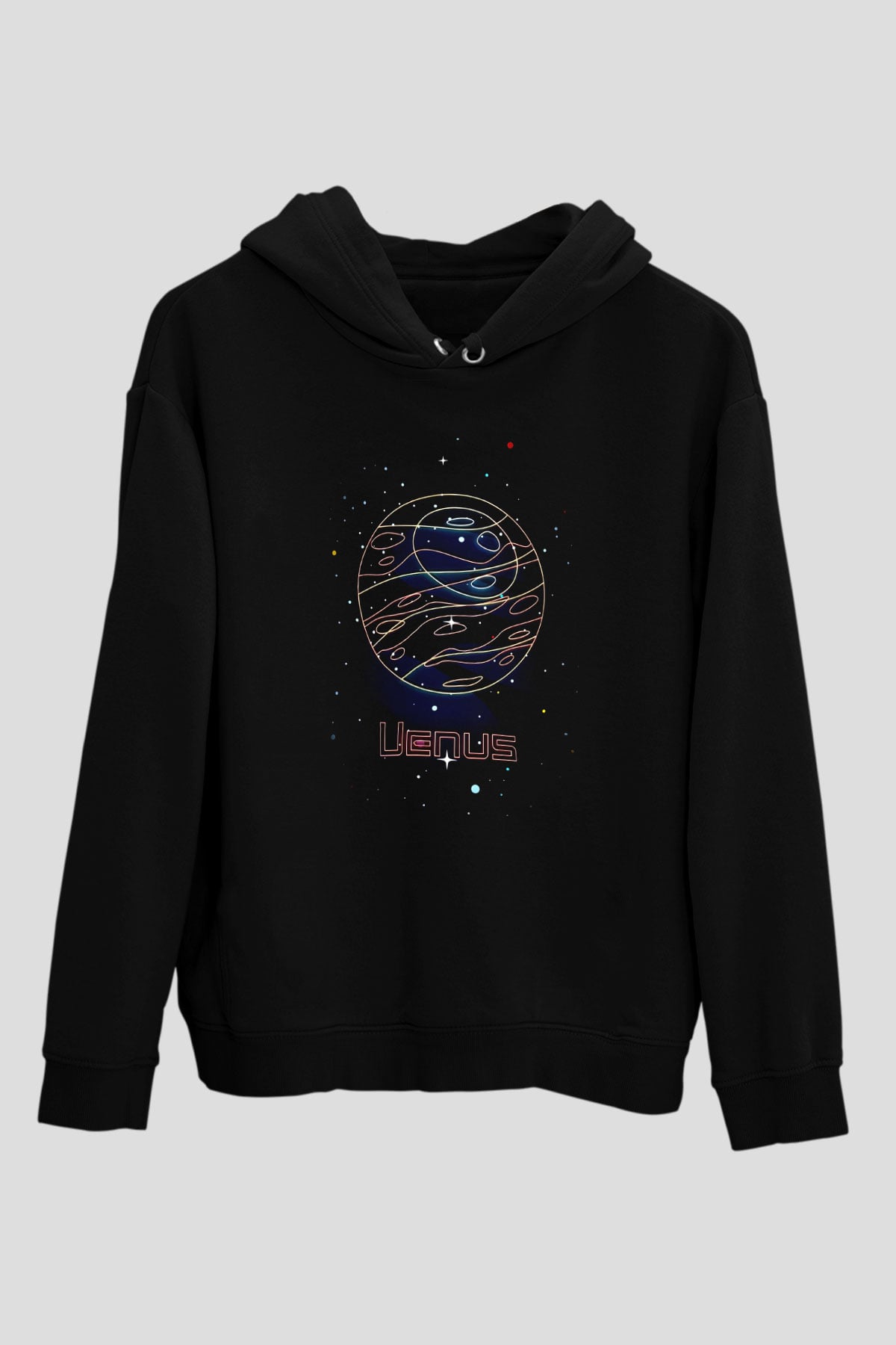 Venüs Çizim Baskılı Unisex Siyah Kapüşonlu Sweatshirt