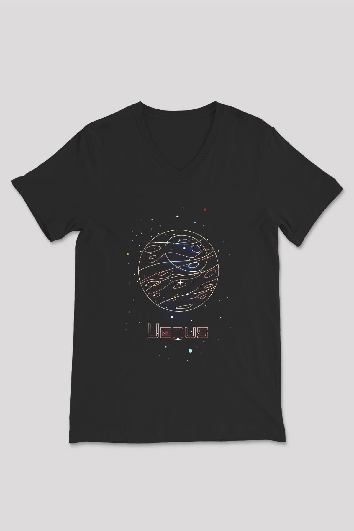 Venüs Çizim Baskılı Unisex V Yaka Siyah Tİşört - Tshirt