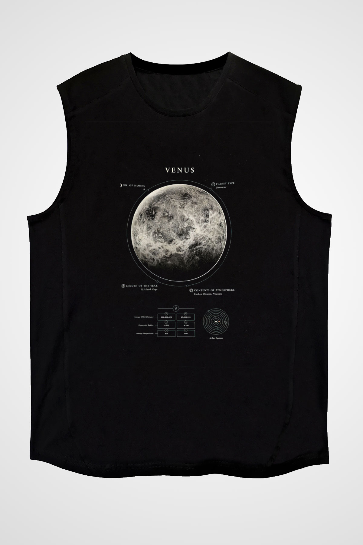 Venüs Fiziksel Özellikleri Baskılı Unisex Kolsuz Siyah Tişört - Tshirt