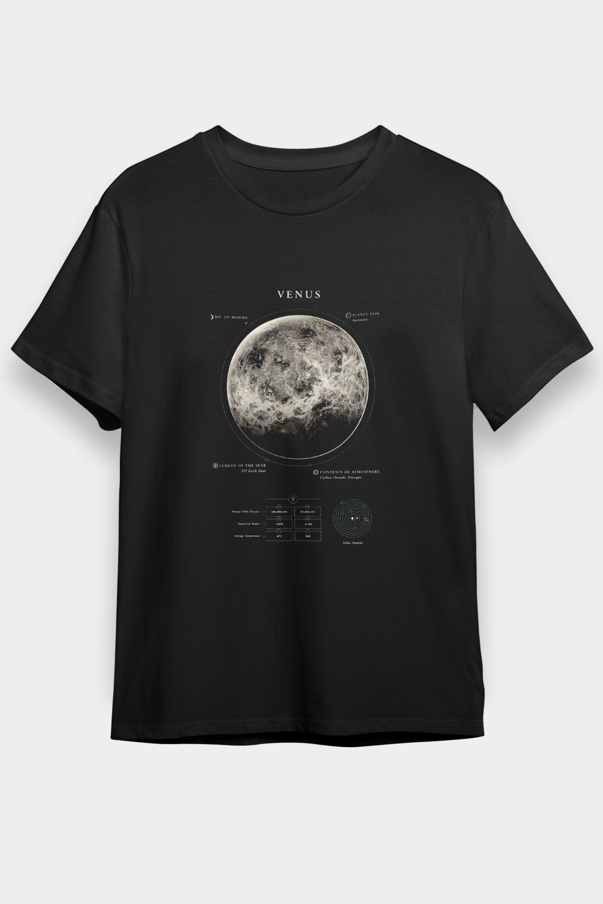 Venüs Fiziksel Özellikleri Baskılı Unisex Siyah Tişört - Tshirt