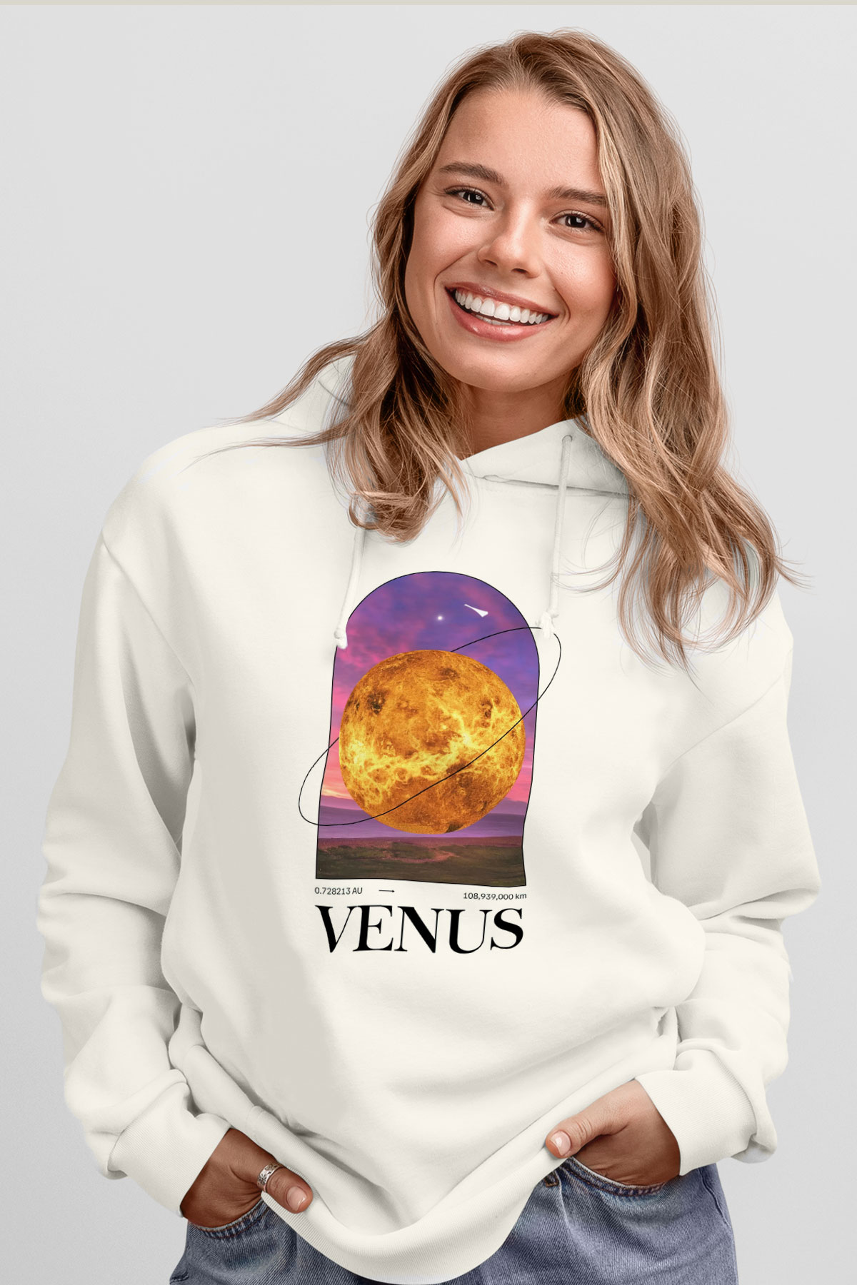 Venüs Gezegeni Baskılı Unisex Ekru Hoodie