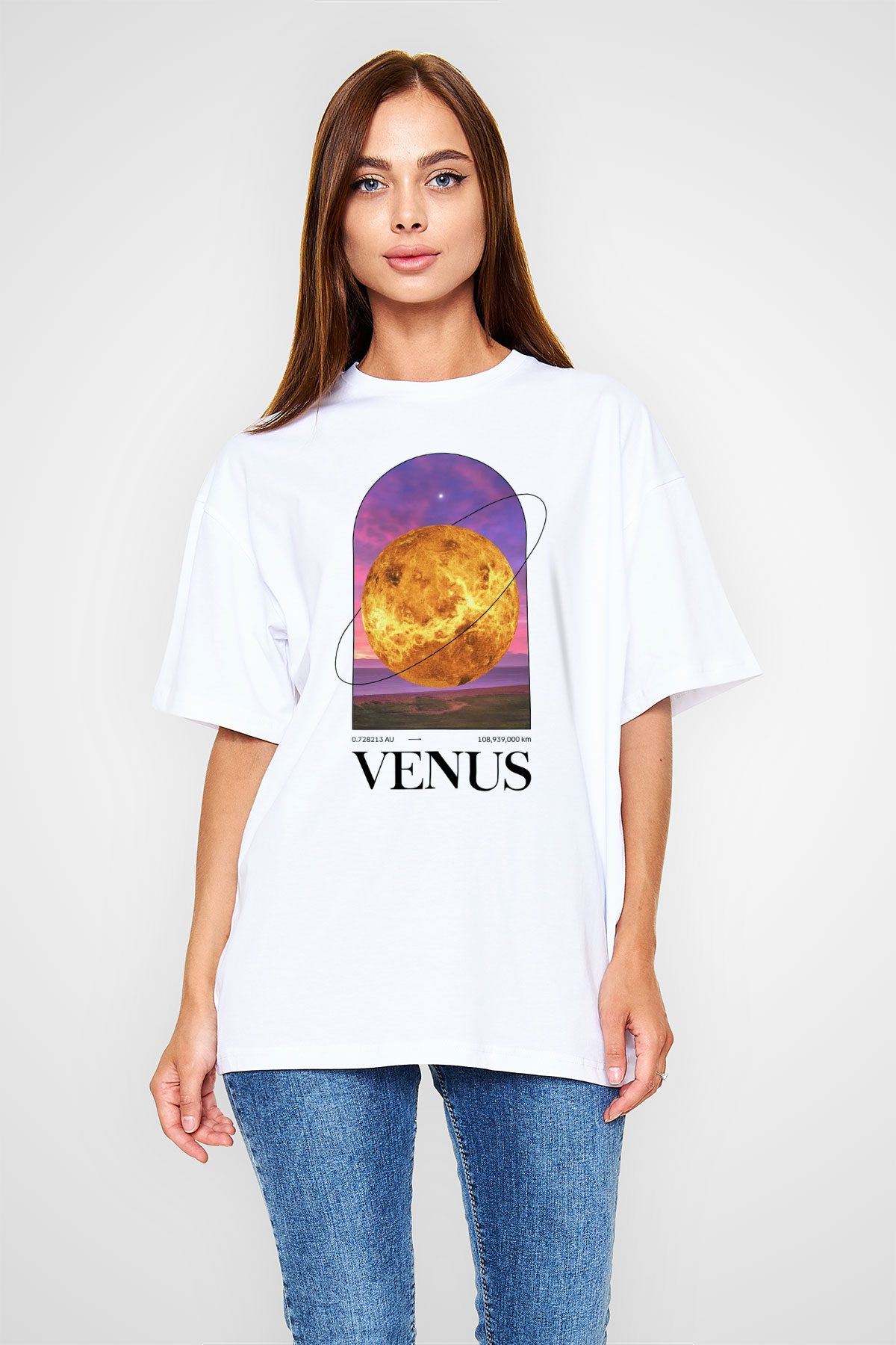 Venüs Gezegeni Baskılı Unisex Oversize Beyaz Tişört - Tshirt