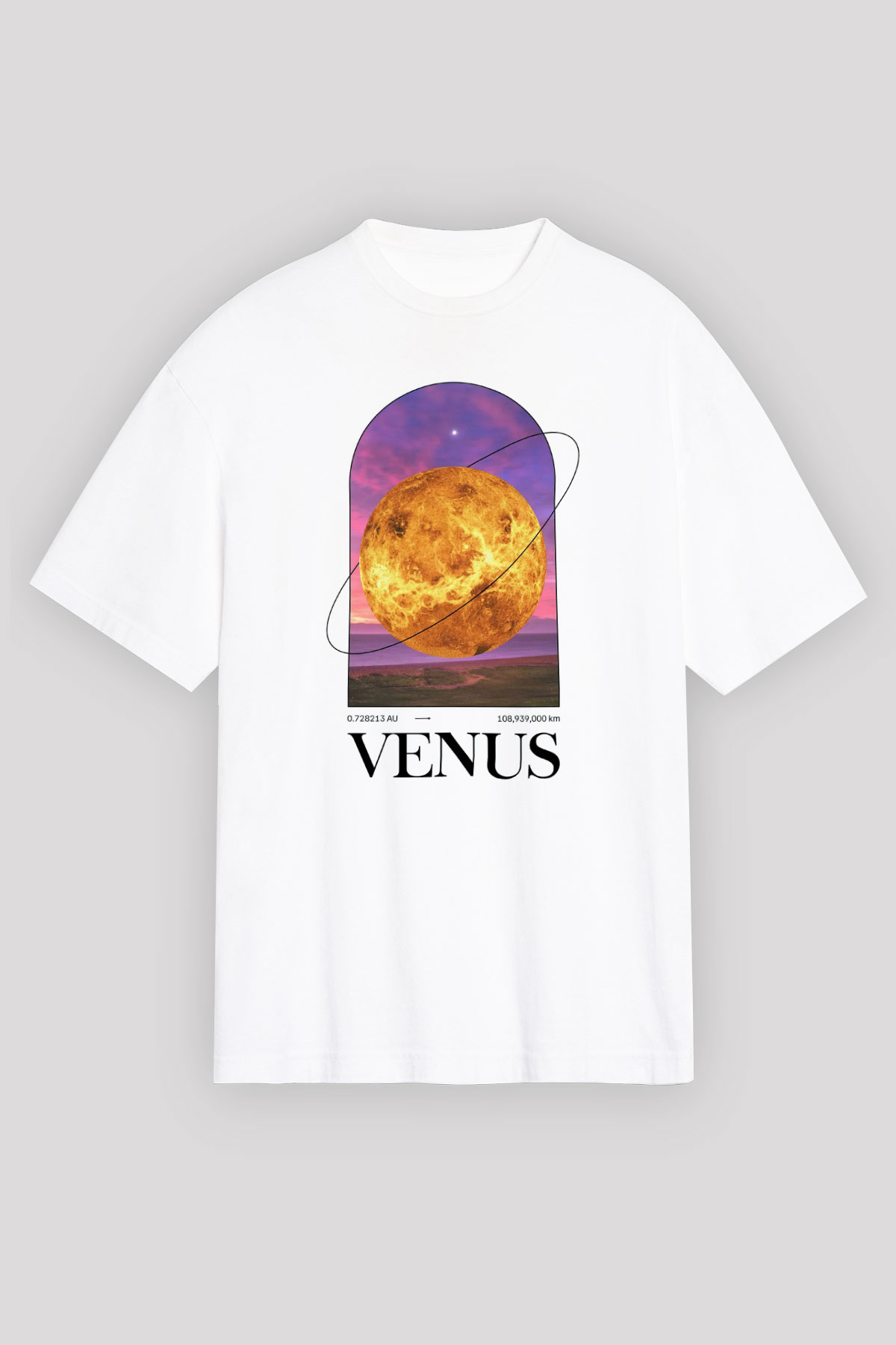 Venüs Gezegeni Baskılı Unisex Oversize Beyaz Tişört - Tshirt