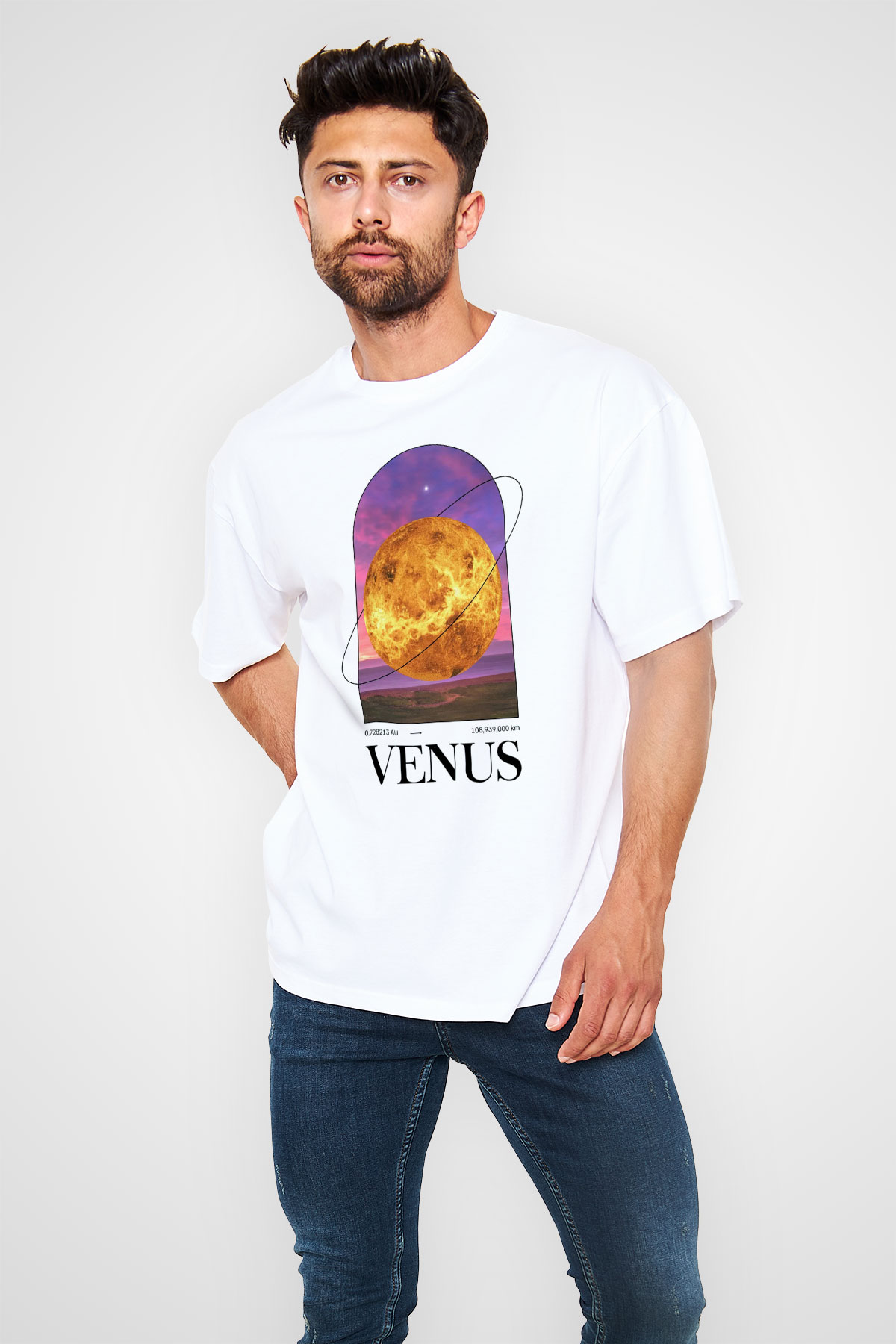 Venüs Gezegeni Baskılı Unisex Oversize Beyaz Tişört - Tshirt