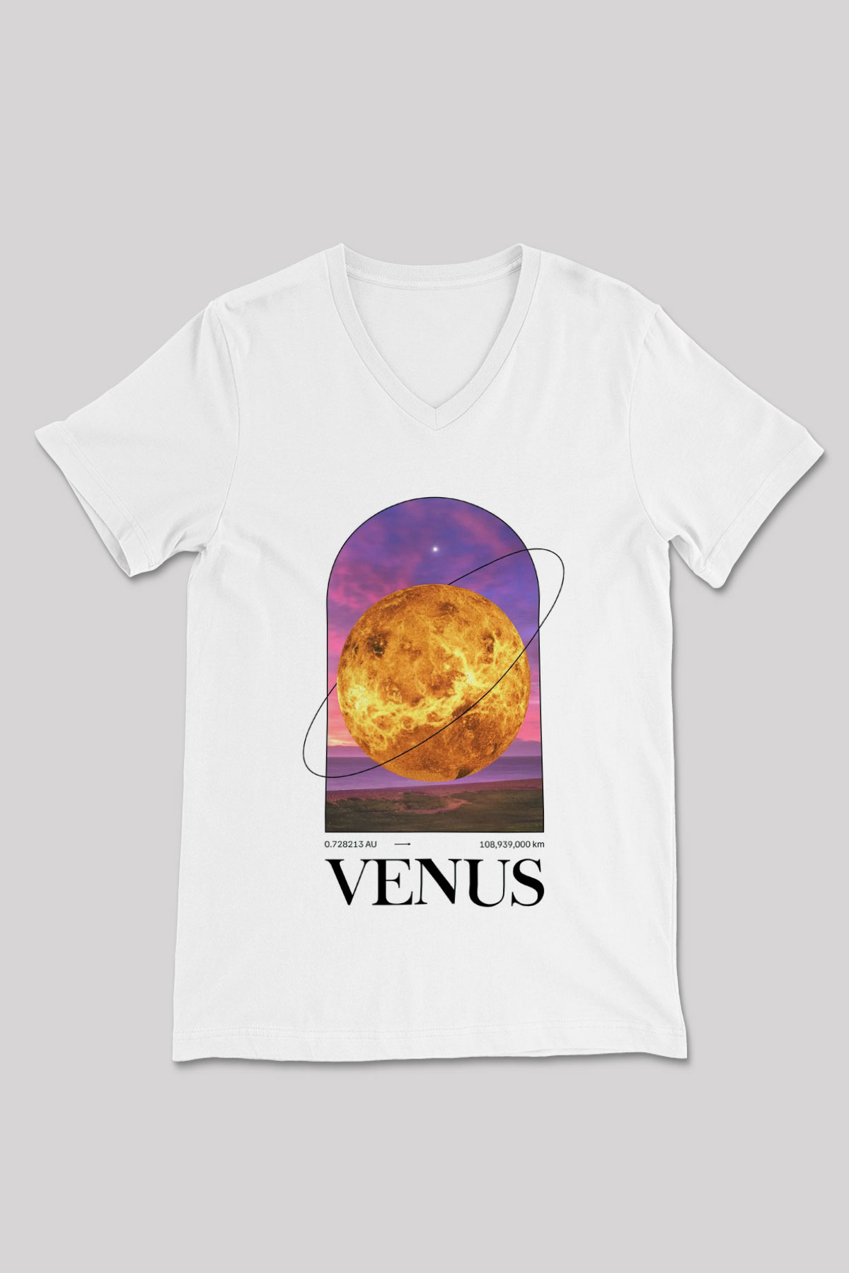 Venüs Gezegeni Baskılı Unisex V Yaka Beyaz Tişört - Tshirt