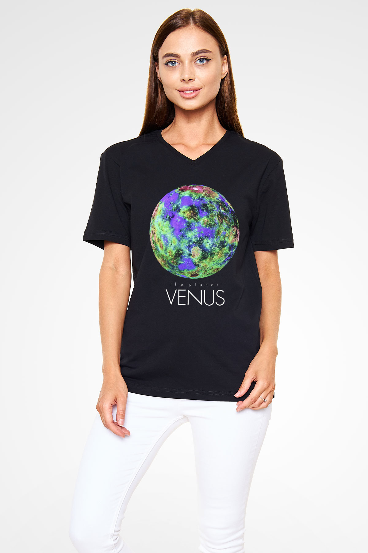 Venüs Siyah Unisex V Yaka Tişört T-Shirt