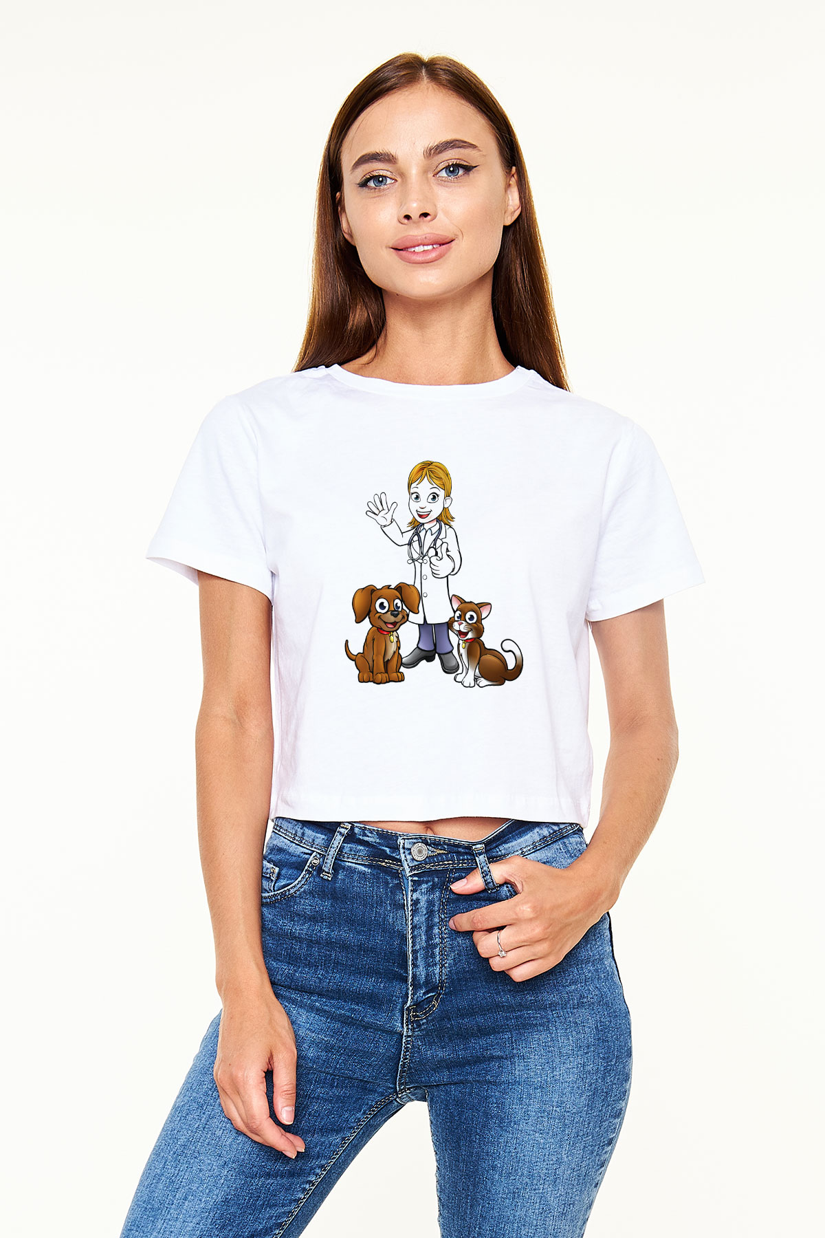 Veteriner Beyaz Croptop Tişört