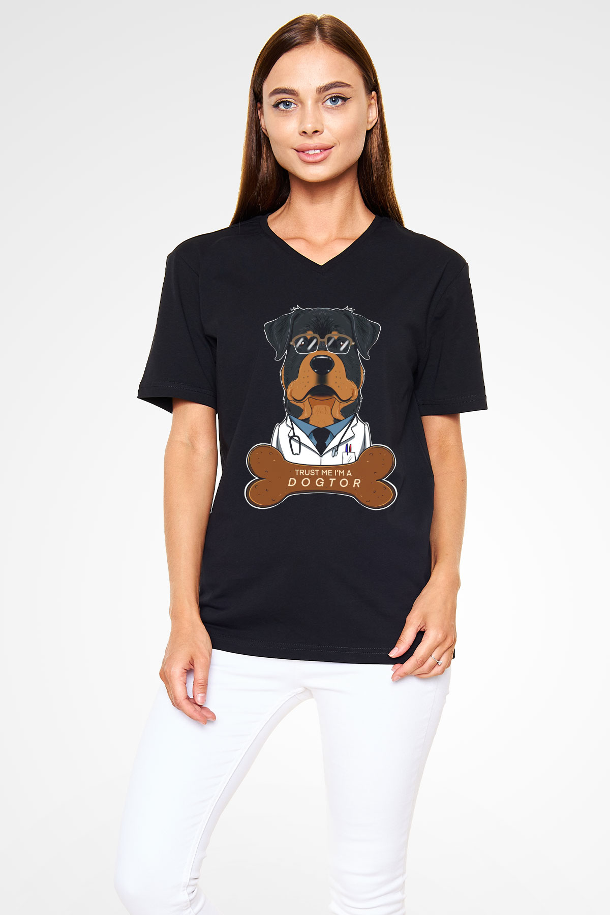 Veteriner Siyah Unisex V Yaka Tişört
