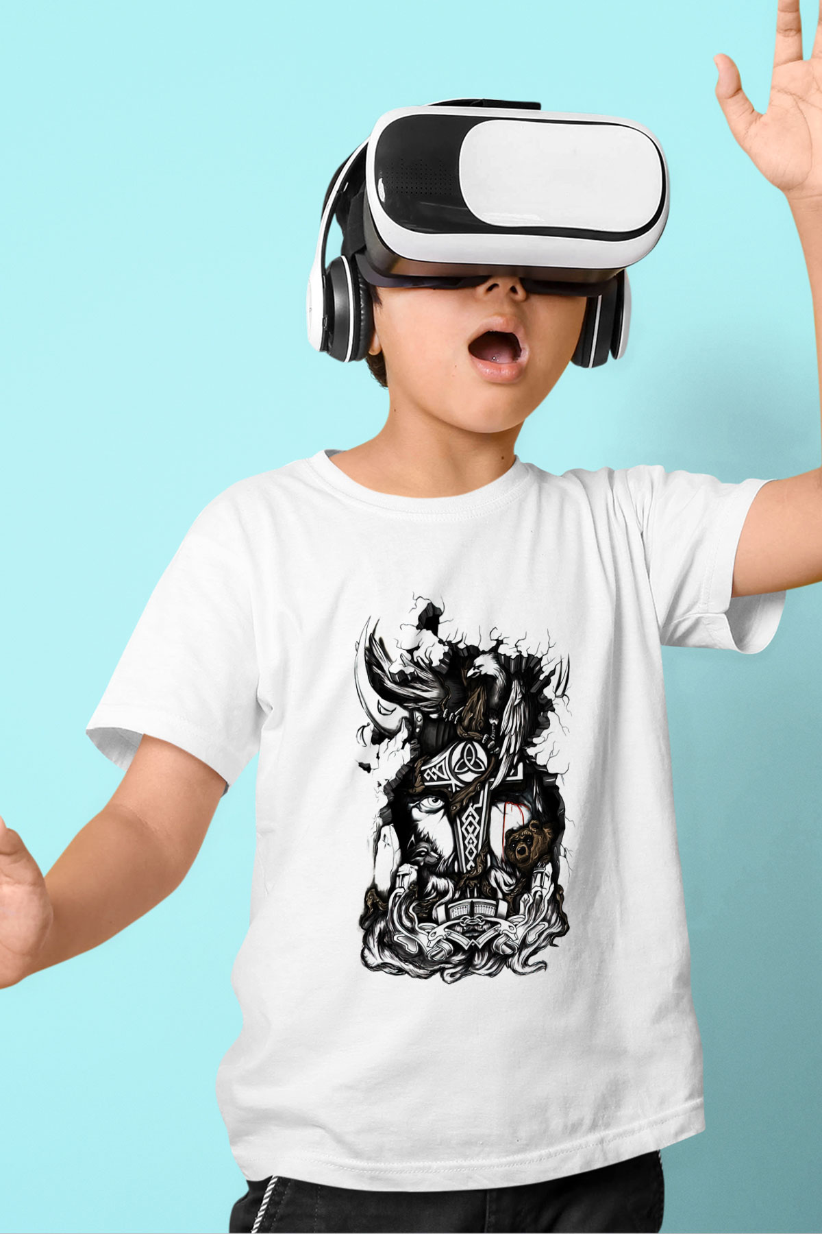 Vikings Baskılı Beyaz Unisex Çocuk Tişört