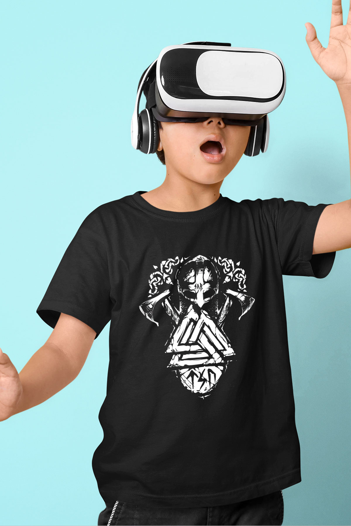 Vikings Baskılı Siyah Unisex Çocuk Tişört