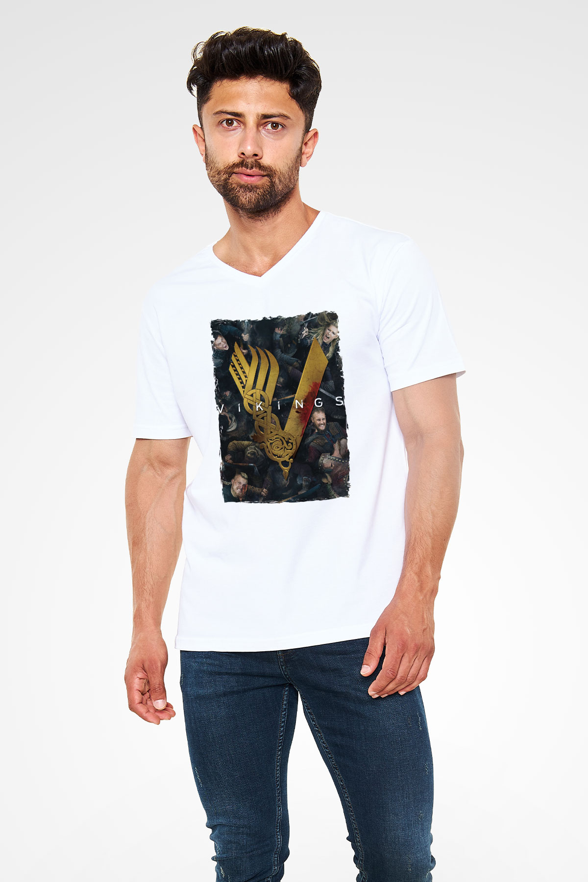 Vikings Beyaz Unisex V Yaka Tişört