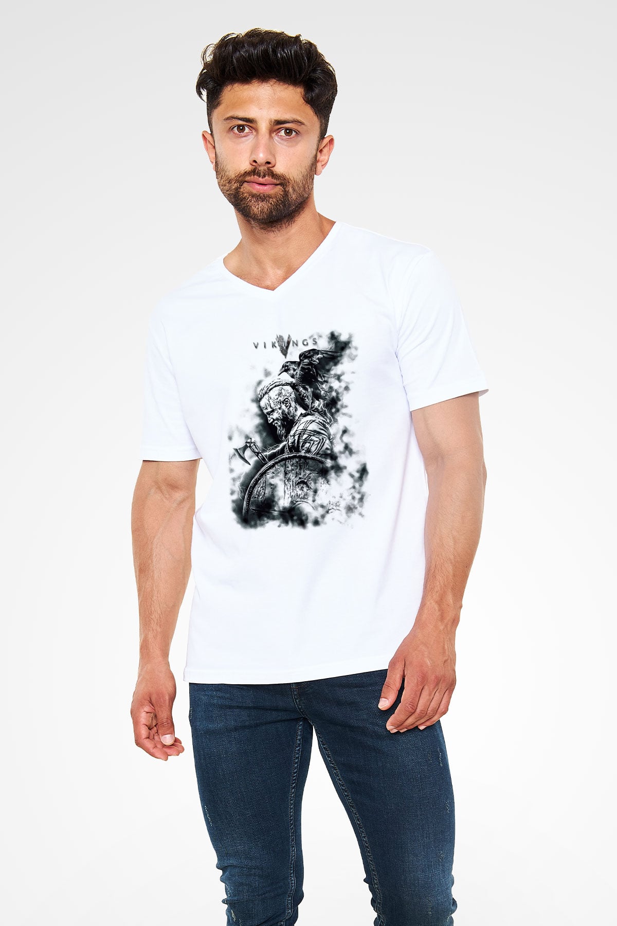 Vikings Beyaz Unisex V Yaka Tişört T-Shirt