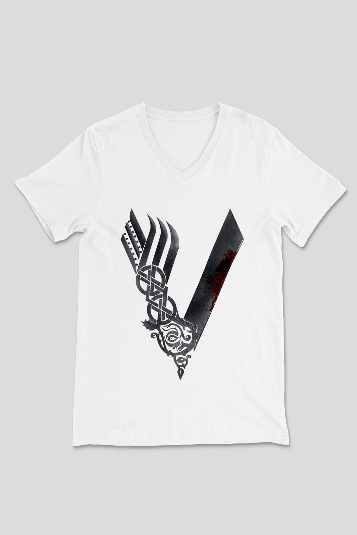 Vikings Beyaz Unisex V Yaka Tişört T-Shirt